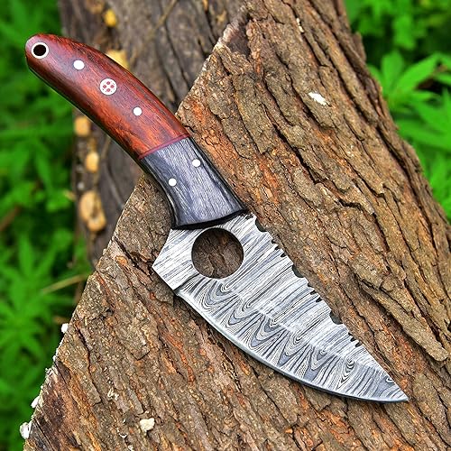 Miniatura 2 de AA Knives Cuchillo de caza hecho a mano de acero Damacus con funda de cuero, cuchillo de bushcraft de hoja fija con mango de madera de Pakka y