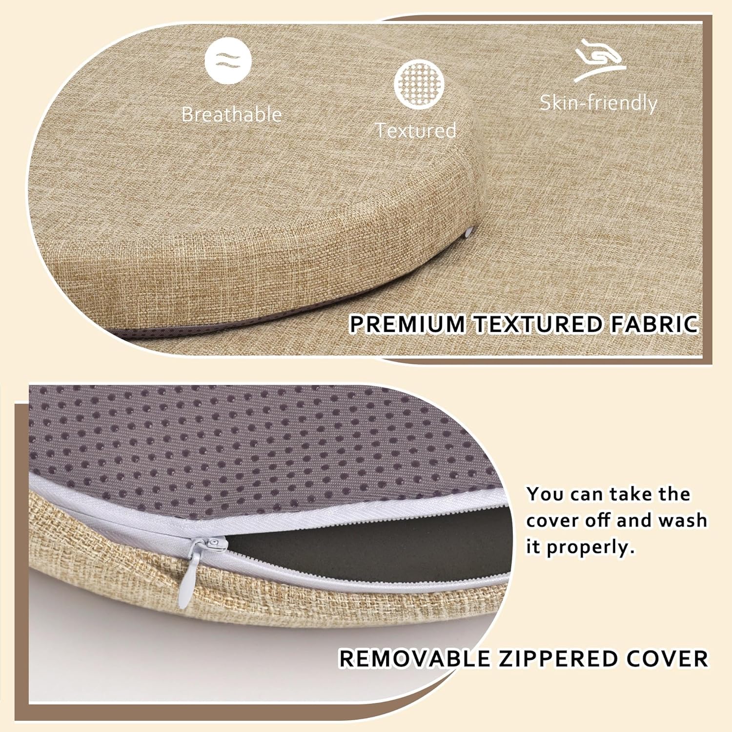 ELFJOY Round Chair Cushions for Dining Chairs Non Slip High-Resilience Foam Chair Pads 2" Thick Seat Cushions for Kitchen Chairs Set of 2 16" Beige