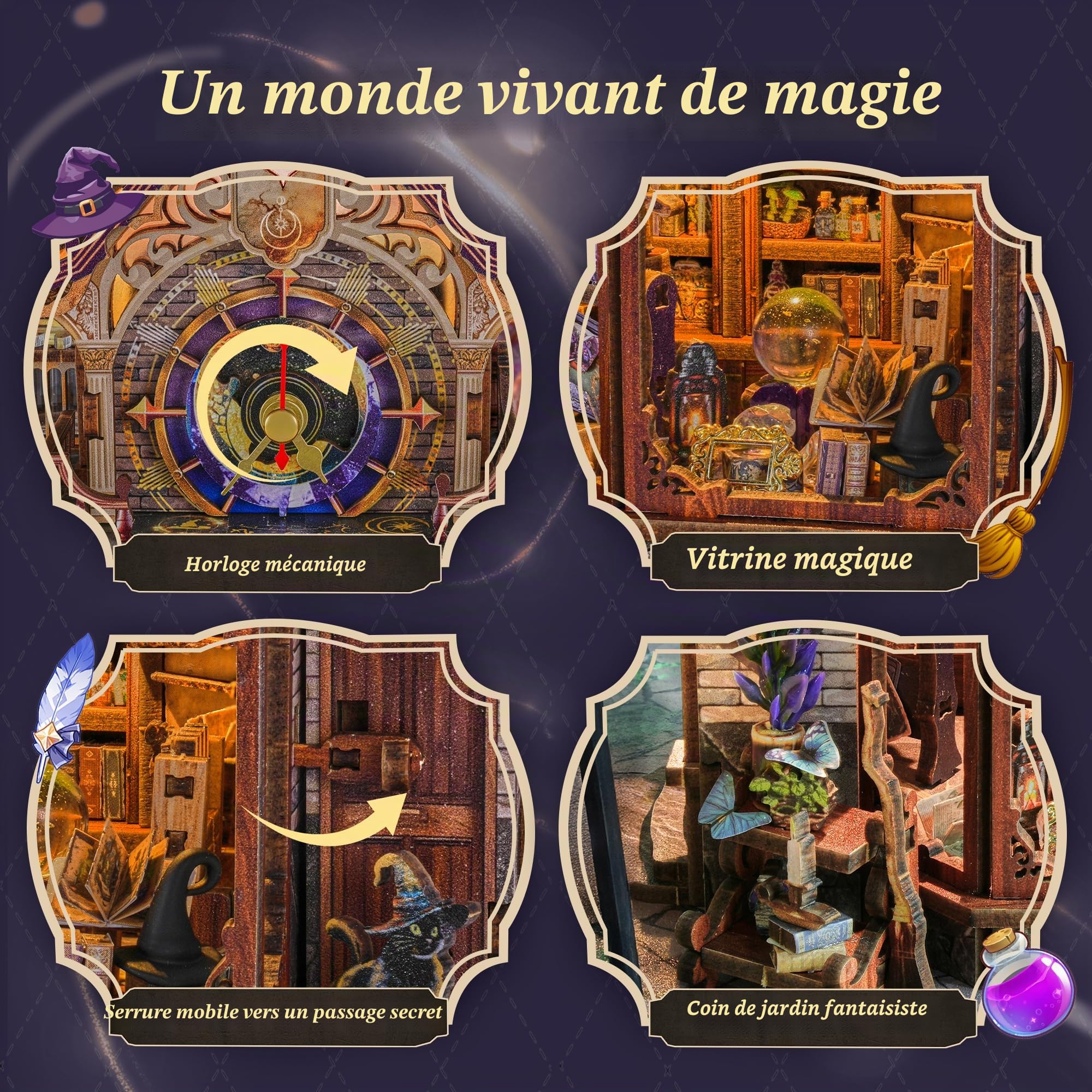 FUNPOLA Puzzle 3D en Bois LED Club de Magie du Temps – Modèle mécanique Dynamique, lumières et Mouvement, Kit Miniature DIY Tour d’Horloge Fantasy, Décoration pour Adultes et Adolescents（14+）