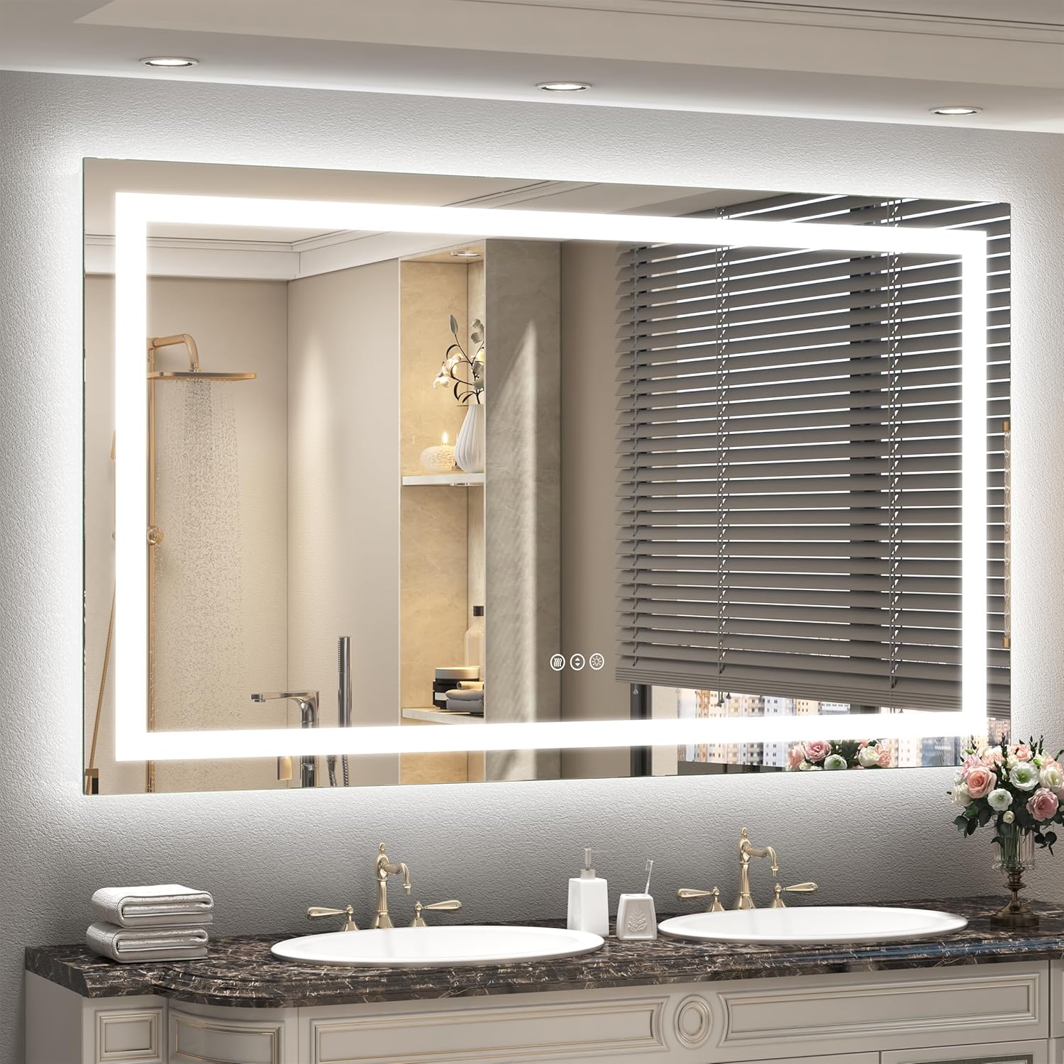 led bathroom mirror 60x36, large illuminated dimmable vanity mirror with lights, backlit and front lighted mirror for wall, anti-fog, shatter-proof, etl listed (horizontal/vertical) 60"l x 36"w frameless led mirror