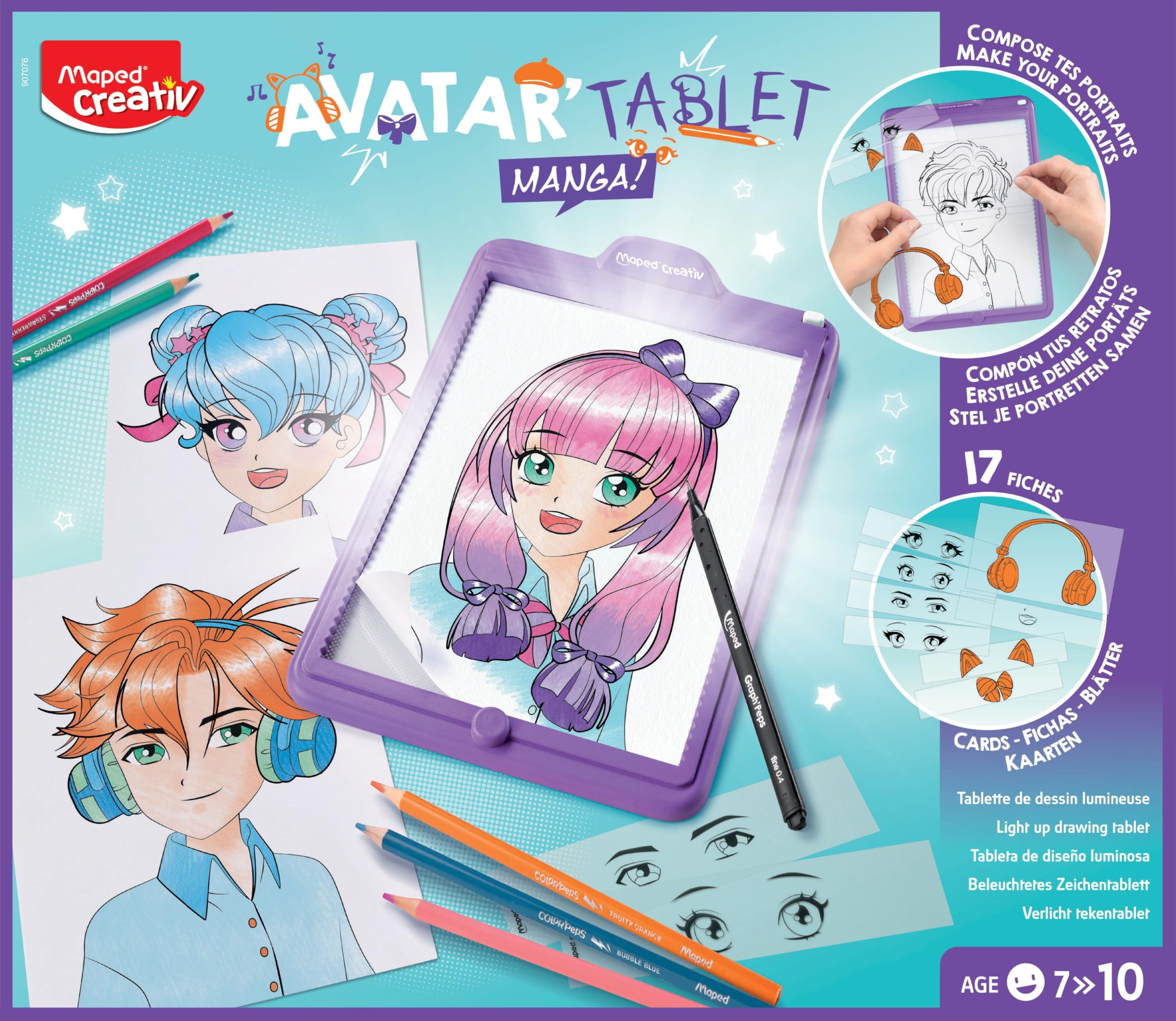 Maped Creativ Avatar'Tablet Manga - Macchina da disegno luminosa, per comporre ritratti Manga all'infinito, tavoletta luminosa con schede, modelli e materiali da disegno, a partire dai 7 anni