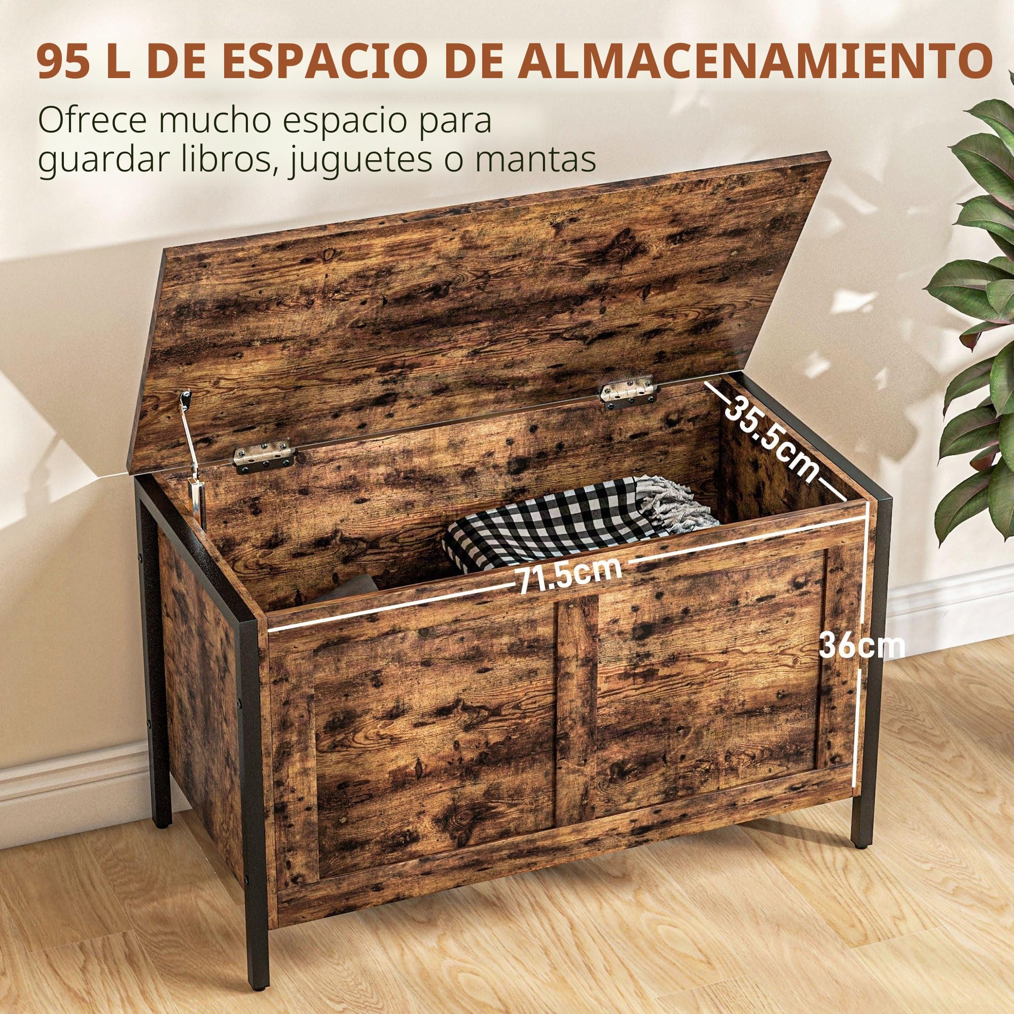 HOMCOM Baúl Banco 95L contenedor Multiusos 80x40x49cm Marrón rústico