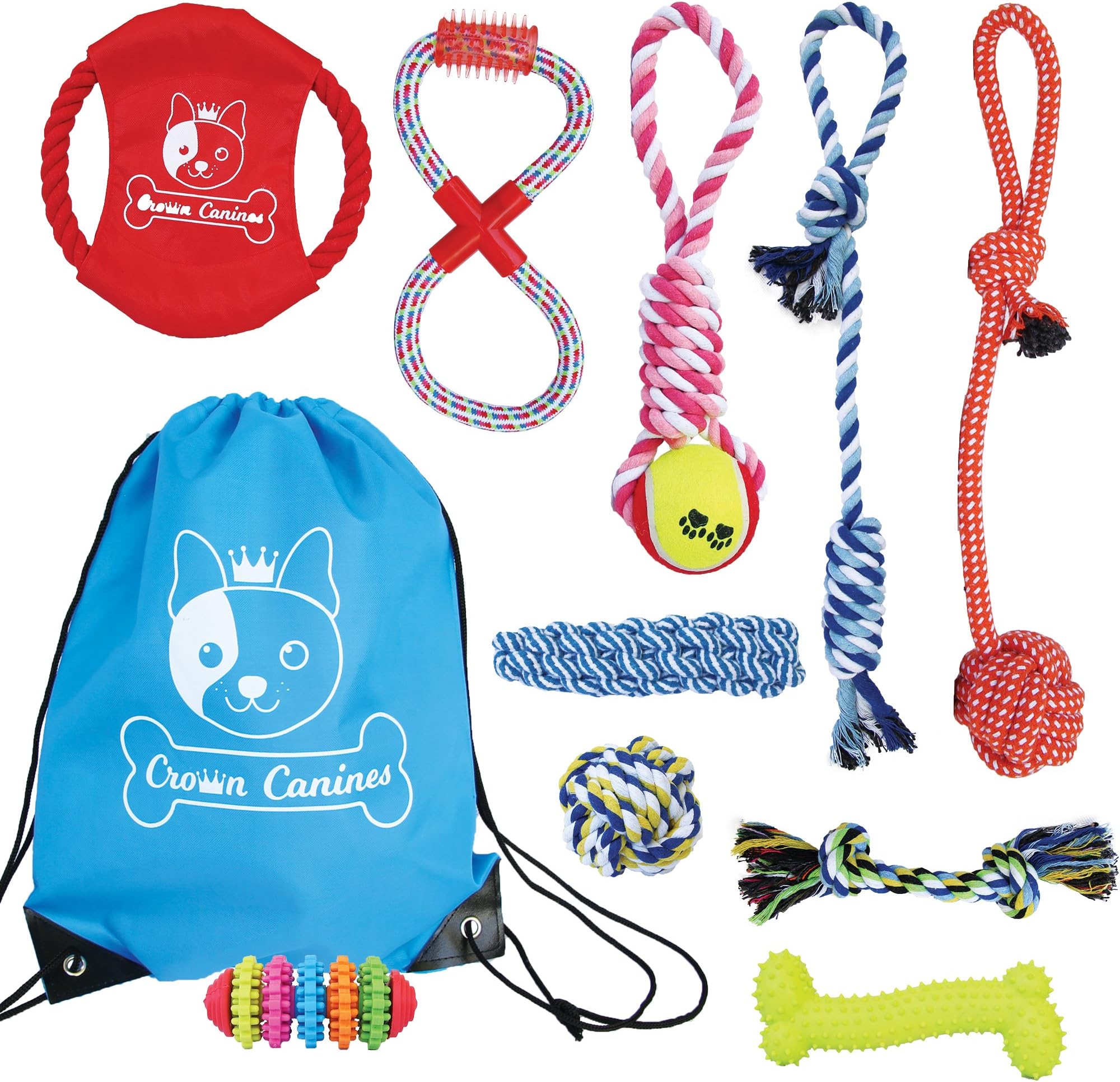 Crown Canines Dog Rope & Chew Toy 10 Pack Set | Puppy Starter Kit | For Small to Medium Dogs, Interactive Variety Toys w/Nylon Storage Bag | For Tug of War, Ball, Teething Puppies