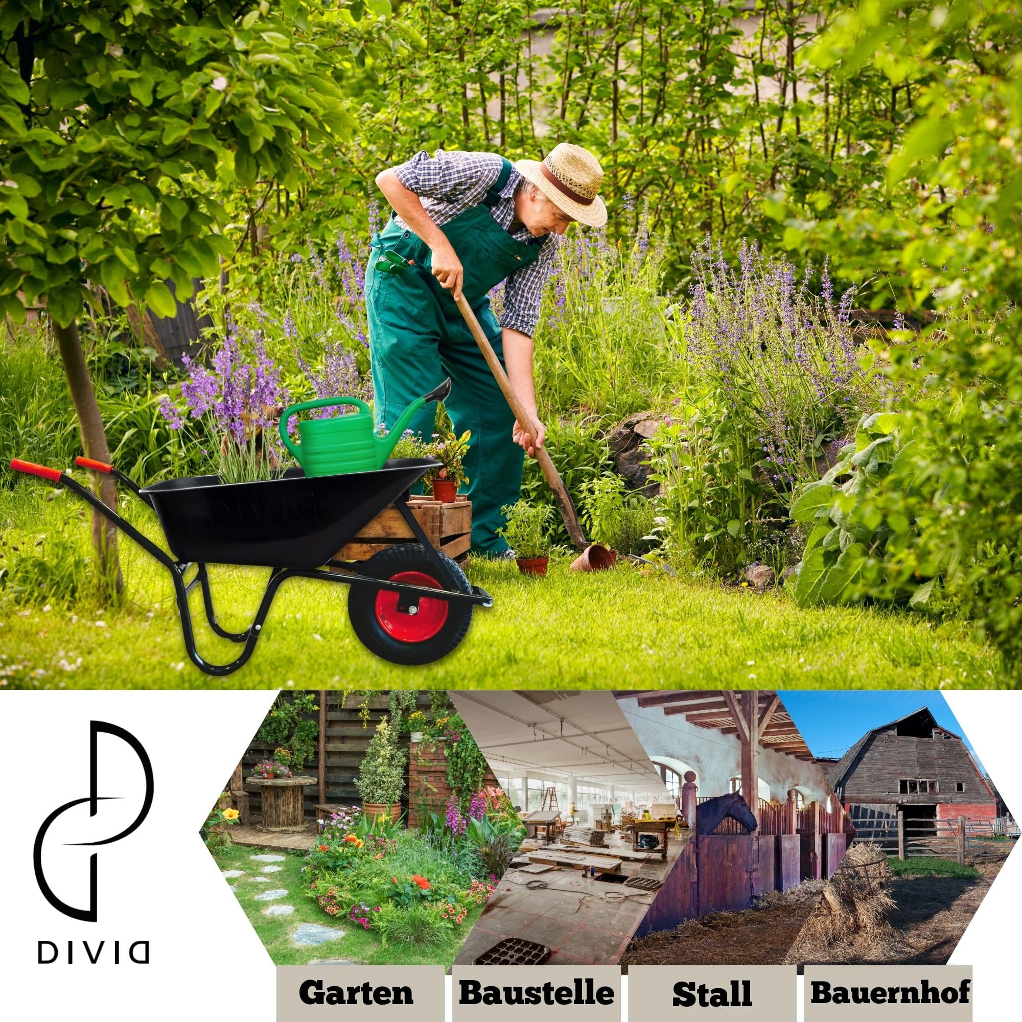 DIVID® Schubkarre 250Kg | 100Liter | Luftreifen mit Stahlfelgen | Schiebkarre | Bauschubkarre | Gartenschubkarre | Transportkarre mit robustem Stahlrahmen (Schwarz)