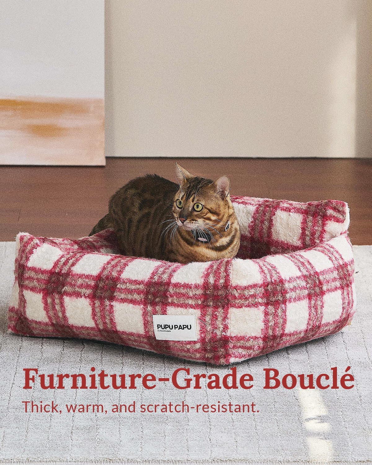 22" Bouclé Plaid Cat Sofa - Aesthetic Checkered Pet Couch Bed | Aesthetic bouclé couch for cats & small dogs up to 15lbs. Durable plaid fabric. 100% machine washable. 12" high back.