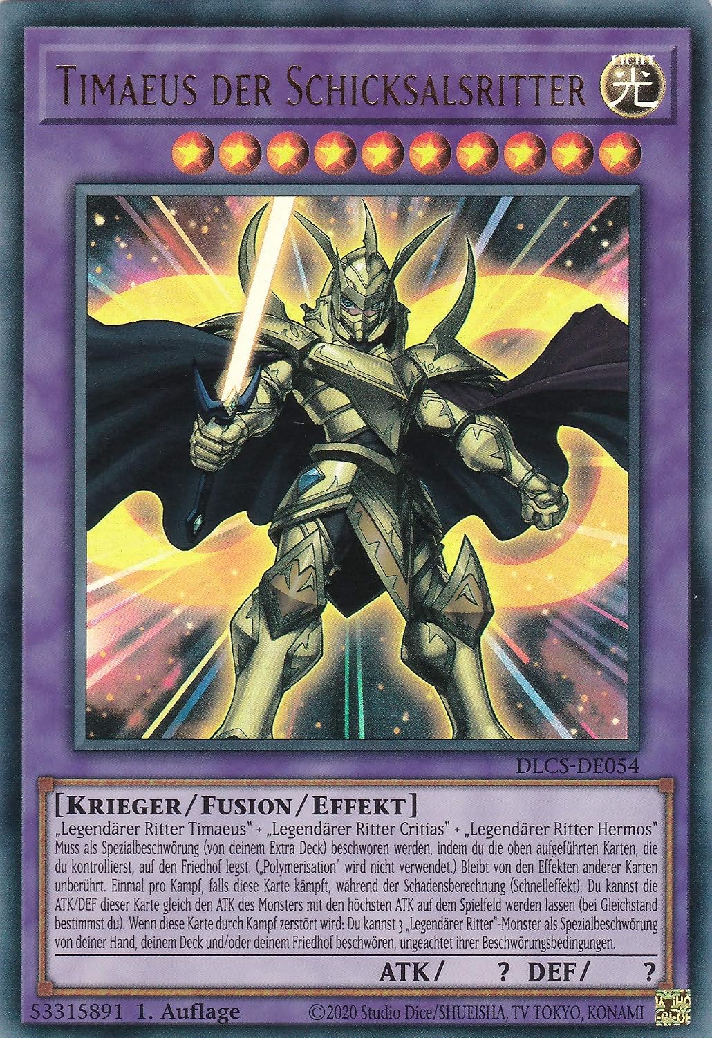DLCS-DE054 - Timaeus the Fate Knights - Ultra Rare - Reprint - German - Dragons of Legend The Complete Series - with LMS Trading Fieldcenter Card Yugioh
