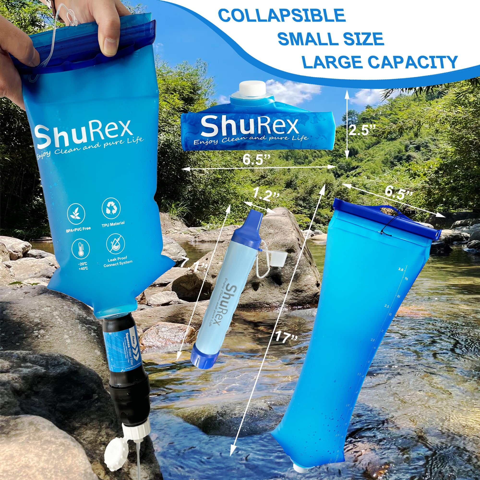 Système de filtration d'eau par gravité, sac de 3 l avec paille filtrante, filtre à fibre creuse et filtre à charbon, pour camping et urgence
