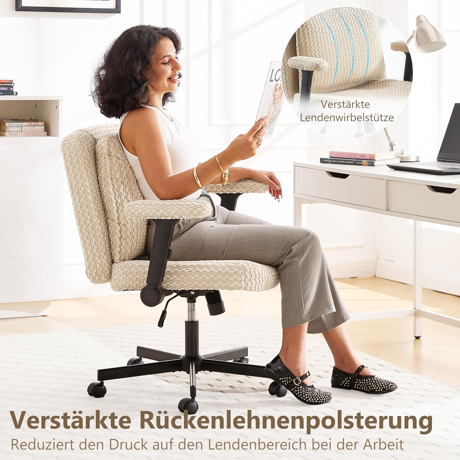 Fizzin Criss Cross Chair,Cross Legged Chair with Wheels and Arms,27" Extra Wide Seat Office Desk Chair with Flipable Back Cushion,Mid Back Beige Swivel Chair for Home Office,Bedroom Vanity(Beige)