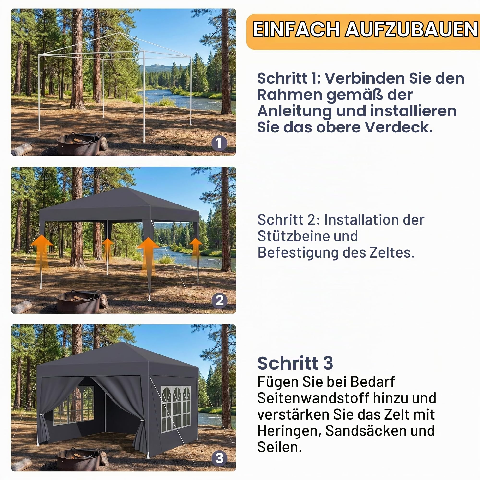 Pavillon 3x6m Wasserdicht Stabil Winterfest, Faltpavillon mit Abnehmbaren Seitenteilen, UV Schutz & Windschutz, Gartenpavillon Partyzelt für Markt, Festival, Camping, Hochzeit, Anthrazit