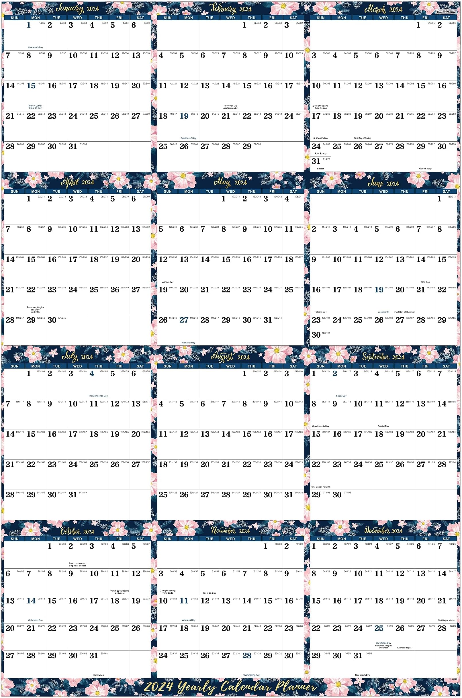 2024 Yearly Wall Calendar - Yearly Wall Calendar 2024, 2024 Wall Calendar with Julian Date, From Jan. 2024 to Dec. 2024, Thick Paper, Vertical, 34.4" x 22.8" (Open) - Floral