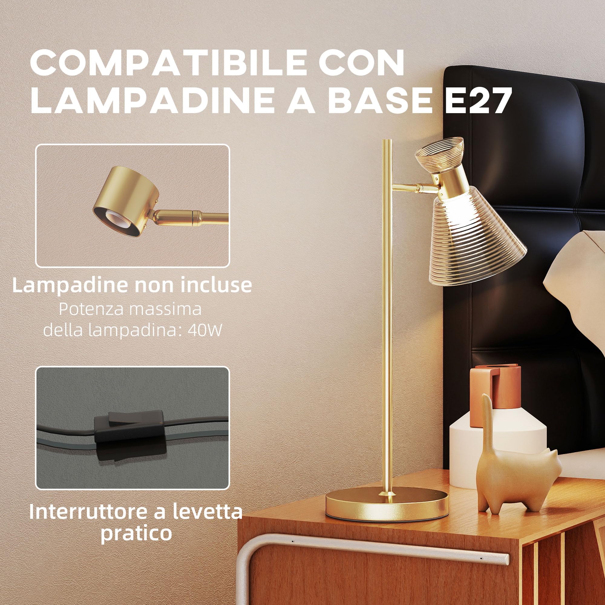 HOMCOM Lampada da Scrivania Moderna con Paralume in Vetro Regolabile Oro