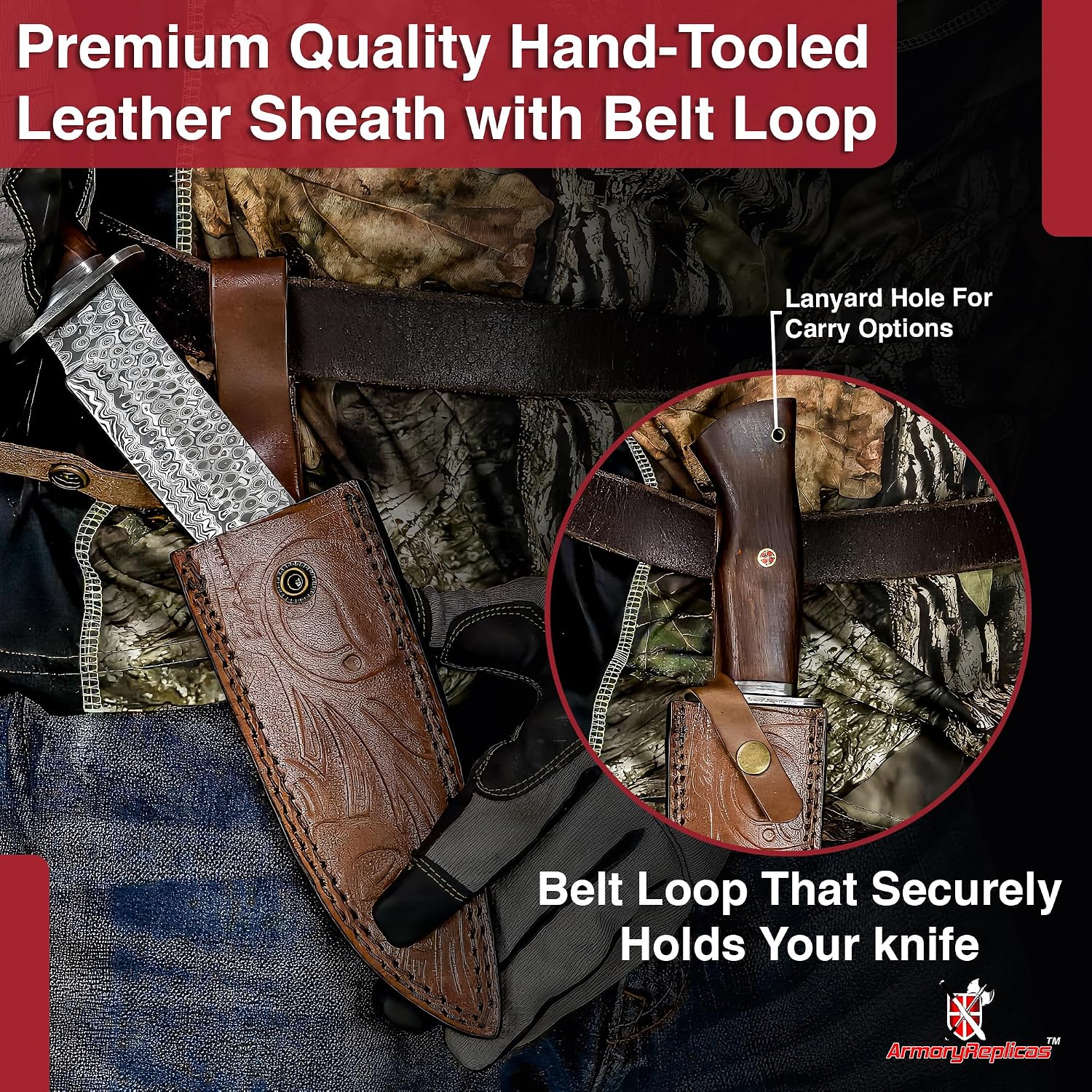Armory Replicas Damascus Steel East Indian Rosewood Handle Fixed Blade Hunting Outdoor Knife