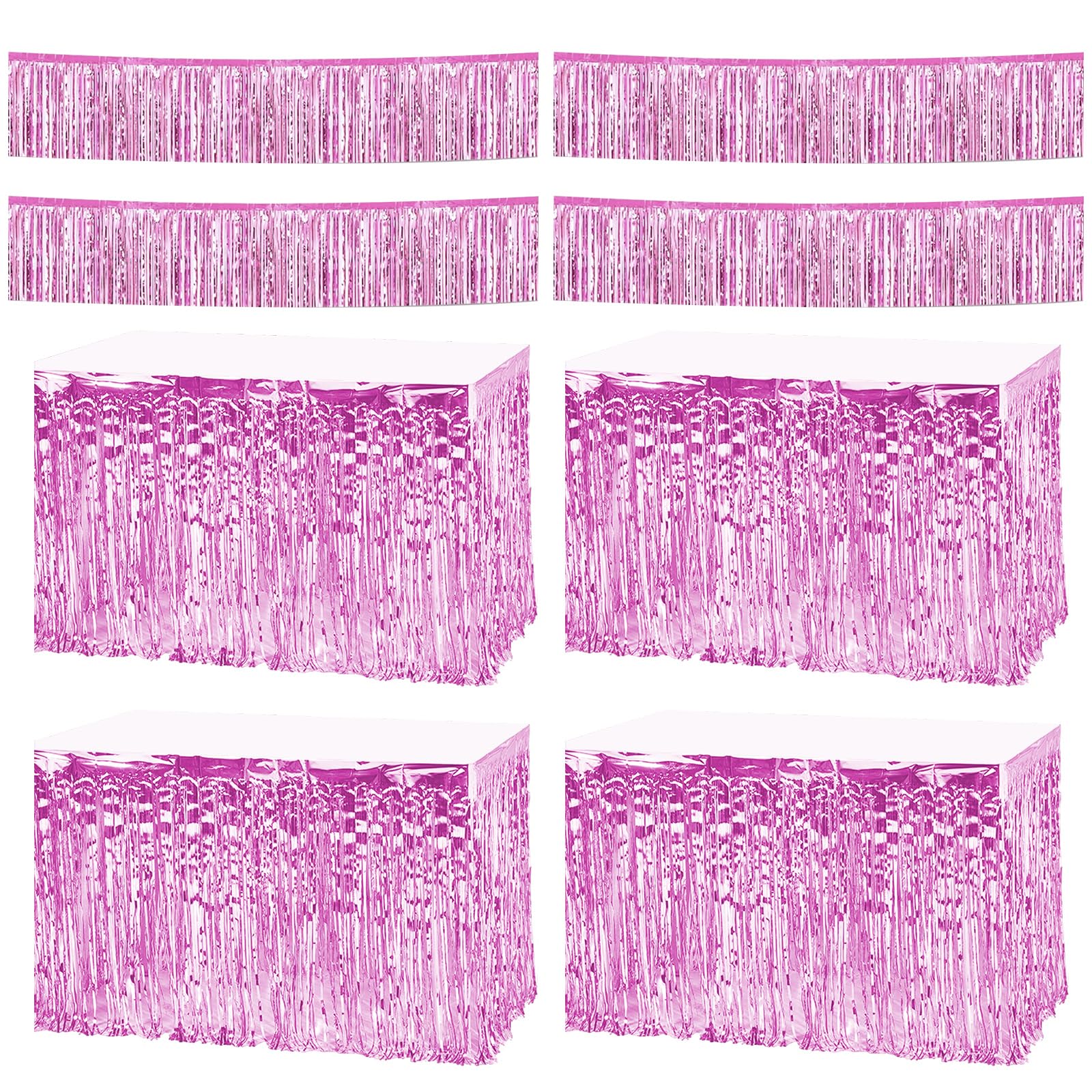 Stranthother 4 Pack Pink Metallic Foil Fringe Tinsel Table Skirts 29x108 Inch & 4 Pack 10 Feet Tinsel Curtain Garland Streamers Backdrop Banner for Holiday Birthday Wedding Bachelorette Party Decor