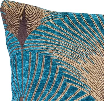 Linen Loft Art Deco XL Rectangular Cushion Cover. Retro Fan Design Teal and Gold. Velvet Chenille. 23x15 (58x38cm) Double Sided. Pillow Case. 20s and 30s Style.