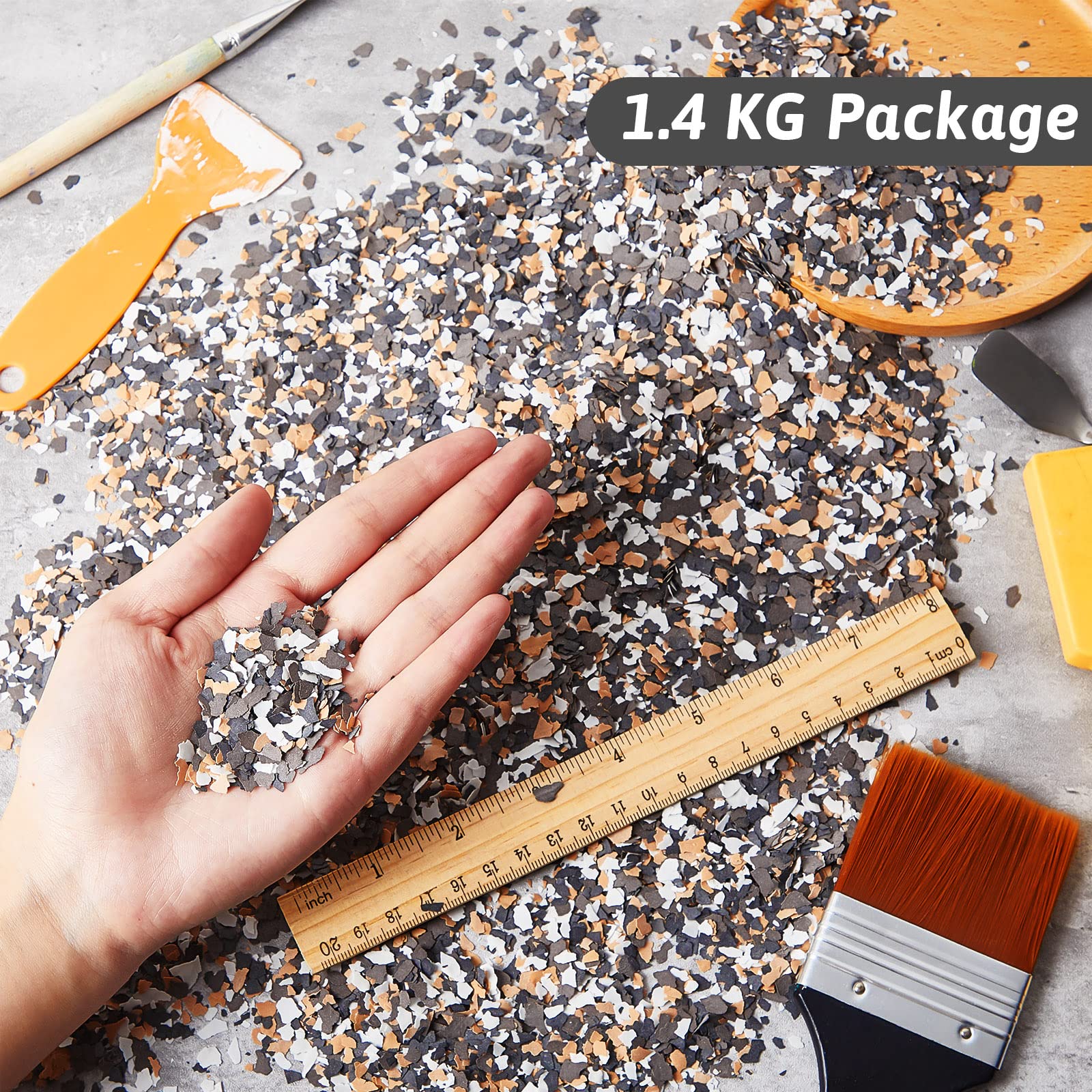 1.400 g Mischung, Farbspäne für Beton, Bodenbeschichtungen, dekorative Farbflocken für Wände, Garage, Bodenfarbe, Innen- und Außenböden (Gelb, Kaffee, Schwarz, Weiß)