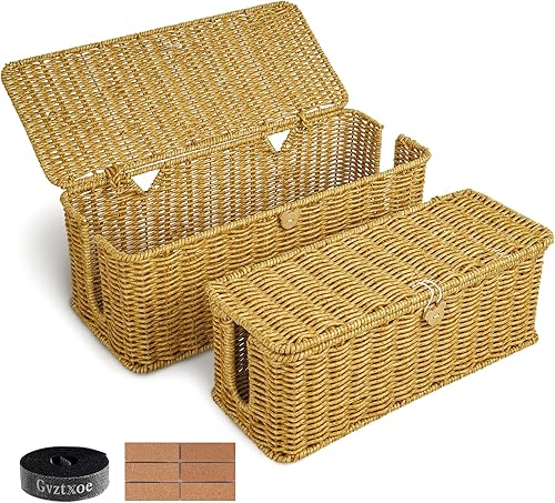 Caja de organización de cables, caja organizadora de cables grande y extra grande, cubierta de cable de ratán hecha a mano con 4 ranuras abiertas,