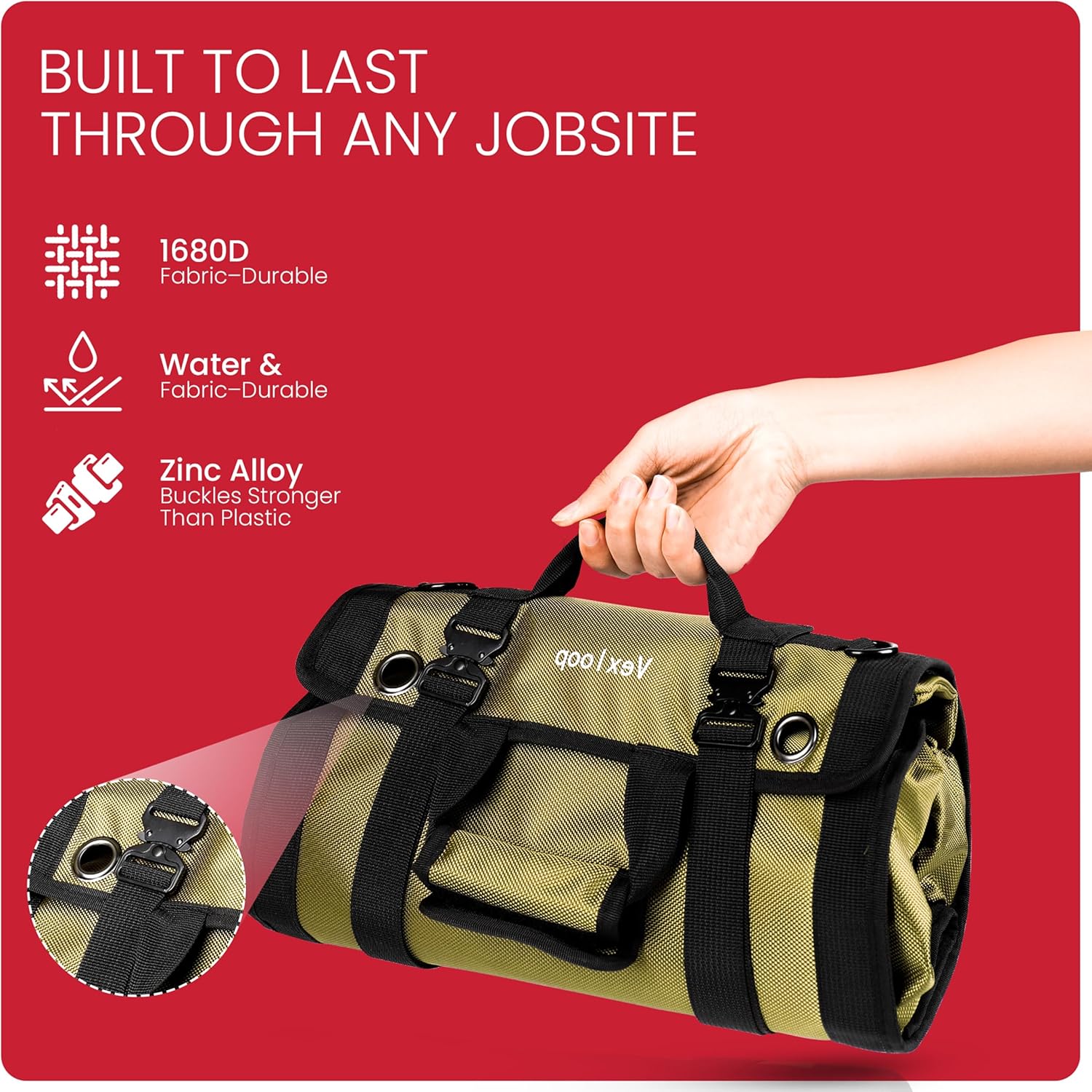 Tool Roll Bag w Aluminium Buckle. Heavy Duty Tool Roll Organizer. Organize Camping Essentials. Mechanics & Motorcycle Tool Bag w Detachable Pouches. Mens Gifts for Him - Mechanics