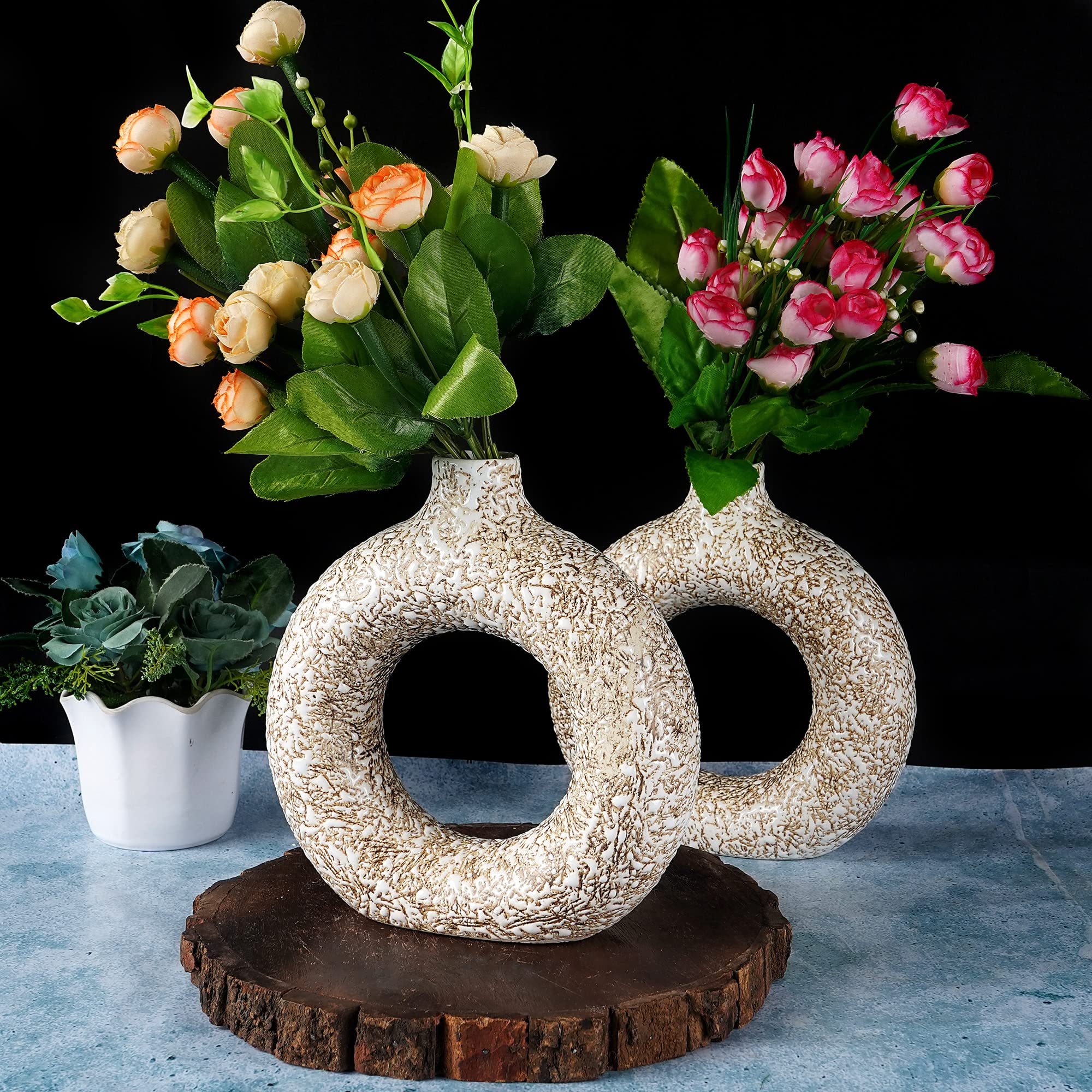 Kraftlik Handicrafts Beautiful Ceramic Vases | Planter | Flower Pot | Ring Shape with Unique Quality for Home Decor Center Table Bedroom Side Corners Decoration (Standard, 2)