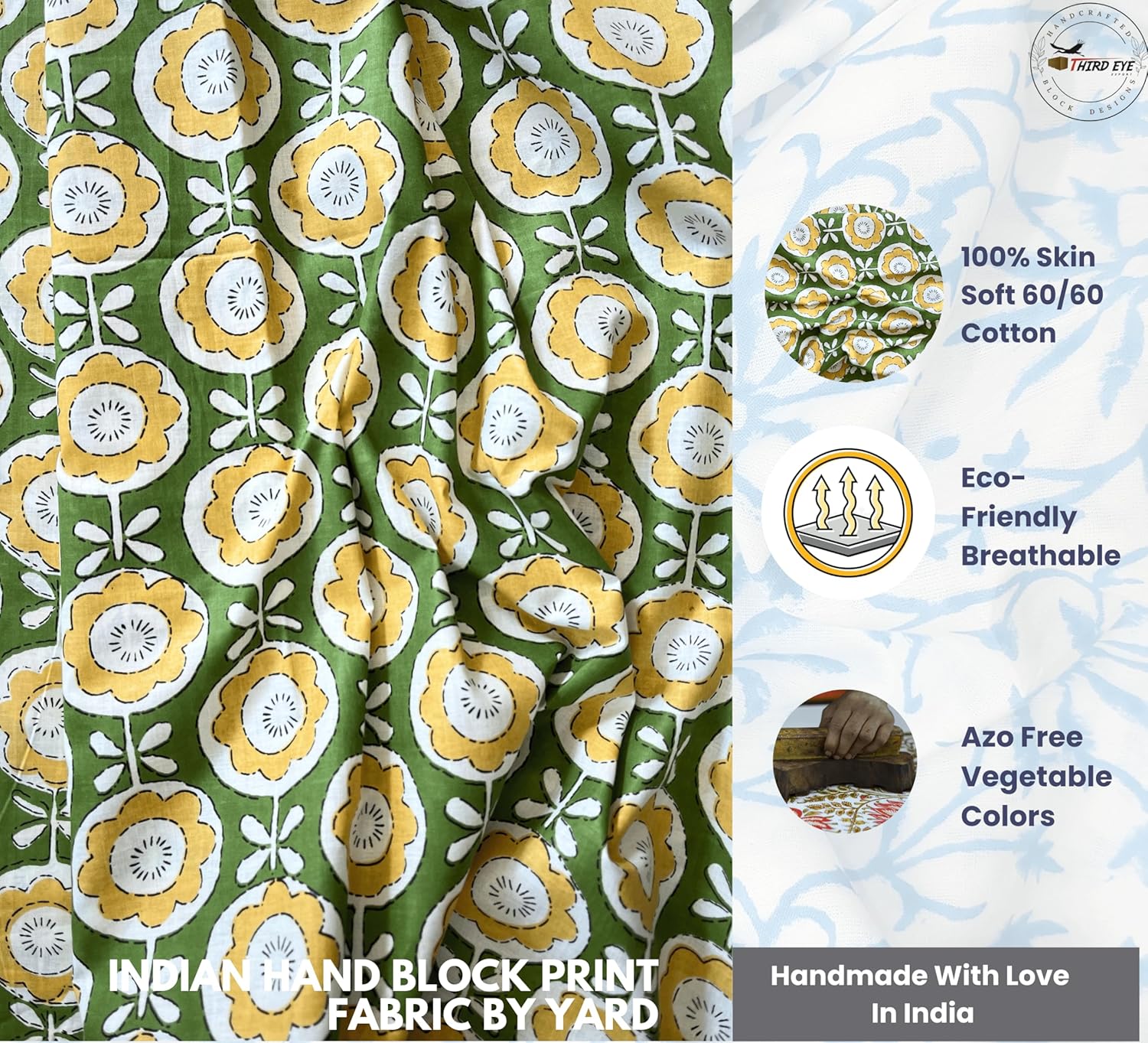 Indian Hand Block Print 60/60 Green 100% Cotton Fabric by The Yard, Lightweight Floral Quilting & Sewing Fabric for Dressmaking, Upholstery & DIY Craft (TS-109 Green, 5 Yard Pre Cut)