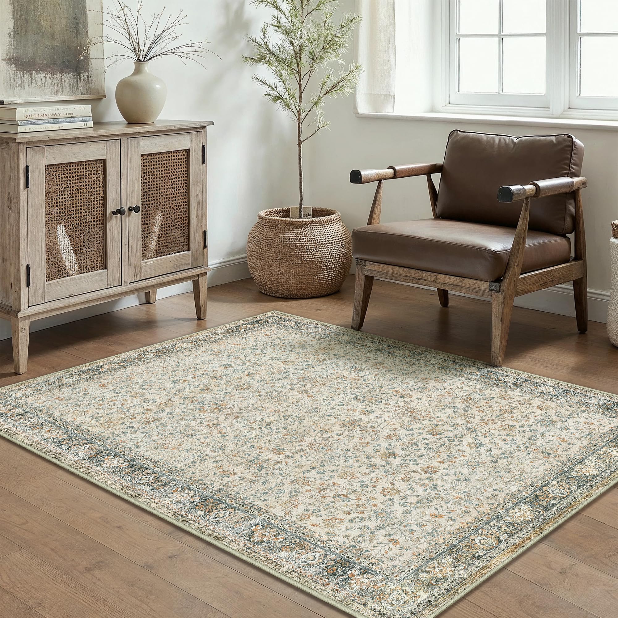 PureCozy Vintage Beige Grigio Tappeto Salotto 90x150cm Camera da Letto Antiscivolo Lavabile in Lavatrice Tappeti Cucina Soggiorno Cameretta Sala Ufficio Pelo Corto Grande Carpet