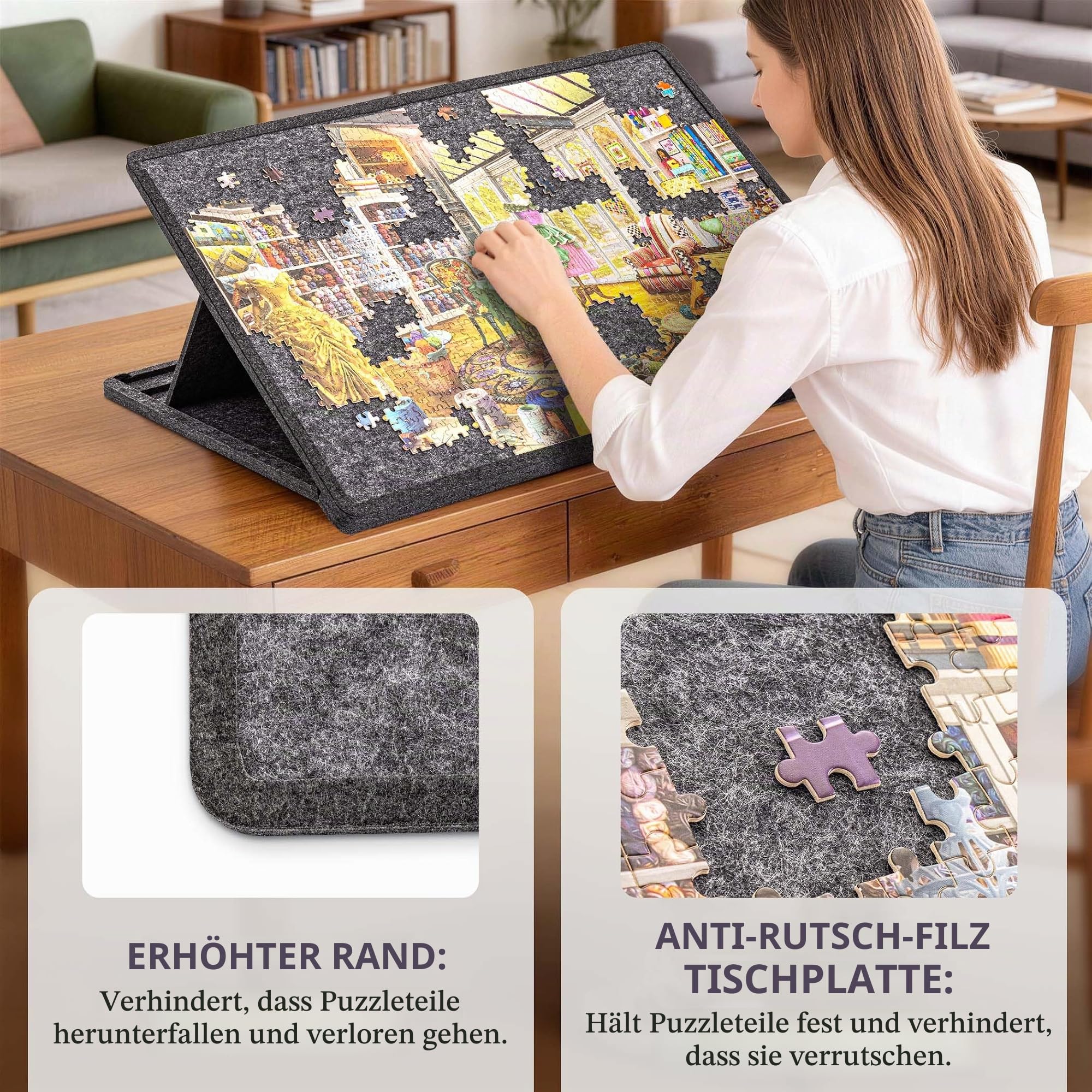 Lavievert 1000-teiliges geneigtes Puzzlebrett mit Deckel, dreistufig verstellbarer Puzzletisch, leichte Filz-Puzzlematte mit Ständer, tragbare Puzzle-Aufbewahrungsbox für einfachen Transport und Lager