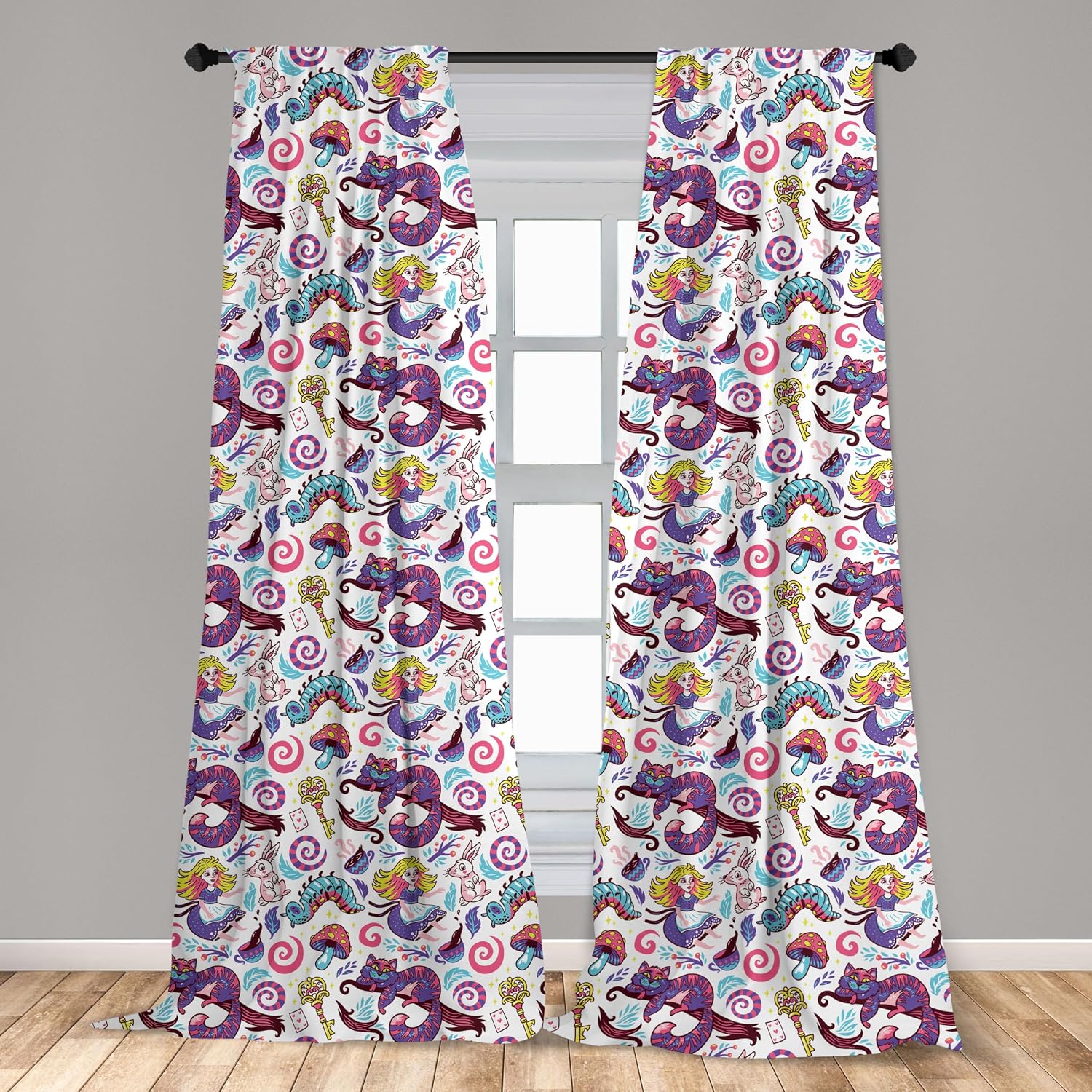 Ambesonne Alice in Wonderland Window Curtains, Fantasy World Concept Hand-Drawn Caterpillar Cat Rabbit, Lightweight Decorative Panels Set of 2 with Rod Pocket, Pair of - 28" x 84", Purple Aqua