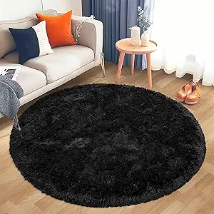 Round Fluffy Rug 8FT Black - Super Soft Circle Rug for Kids & Nursery - Shaggy Fuzzy Plush Carpet for Boys & Girls Room