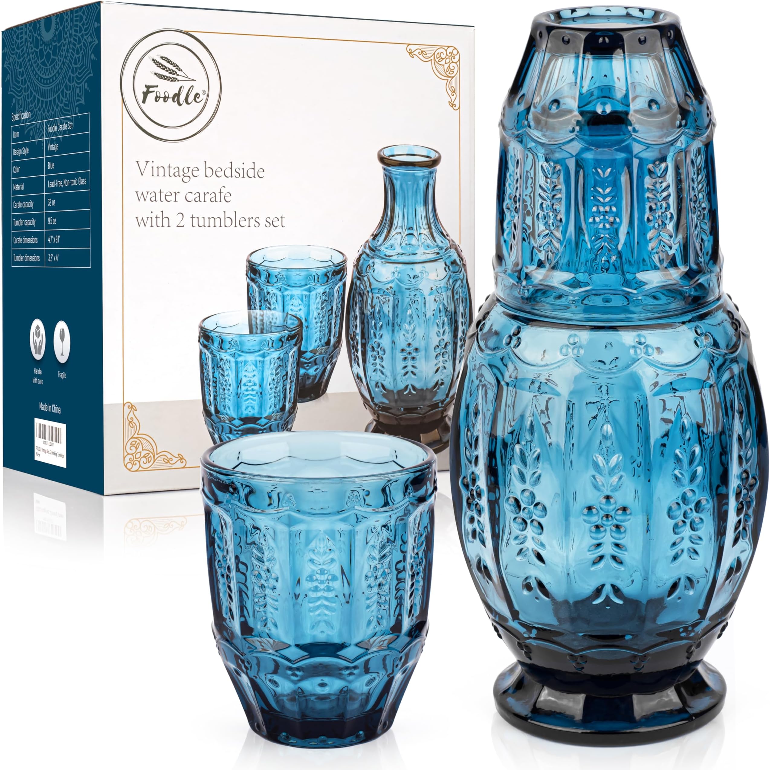 FOODLE Bedside Water Carafe and Glass Set – Elevate Your Home with 32 Oz. Bedside Water Dispenser, Cups, & Lid – Vintage Glass Carafe for the Nightstand, Guest Room, Holding Mouthwash, Gifting, & More