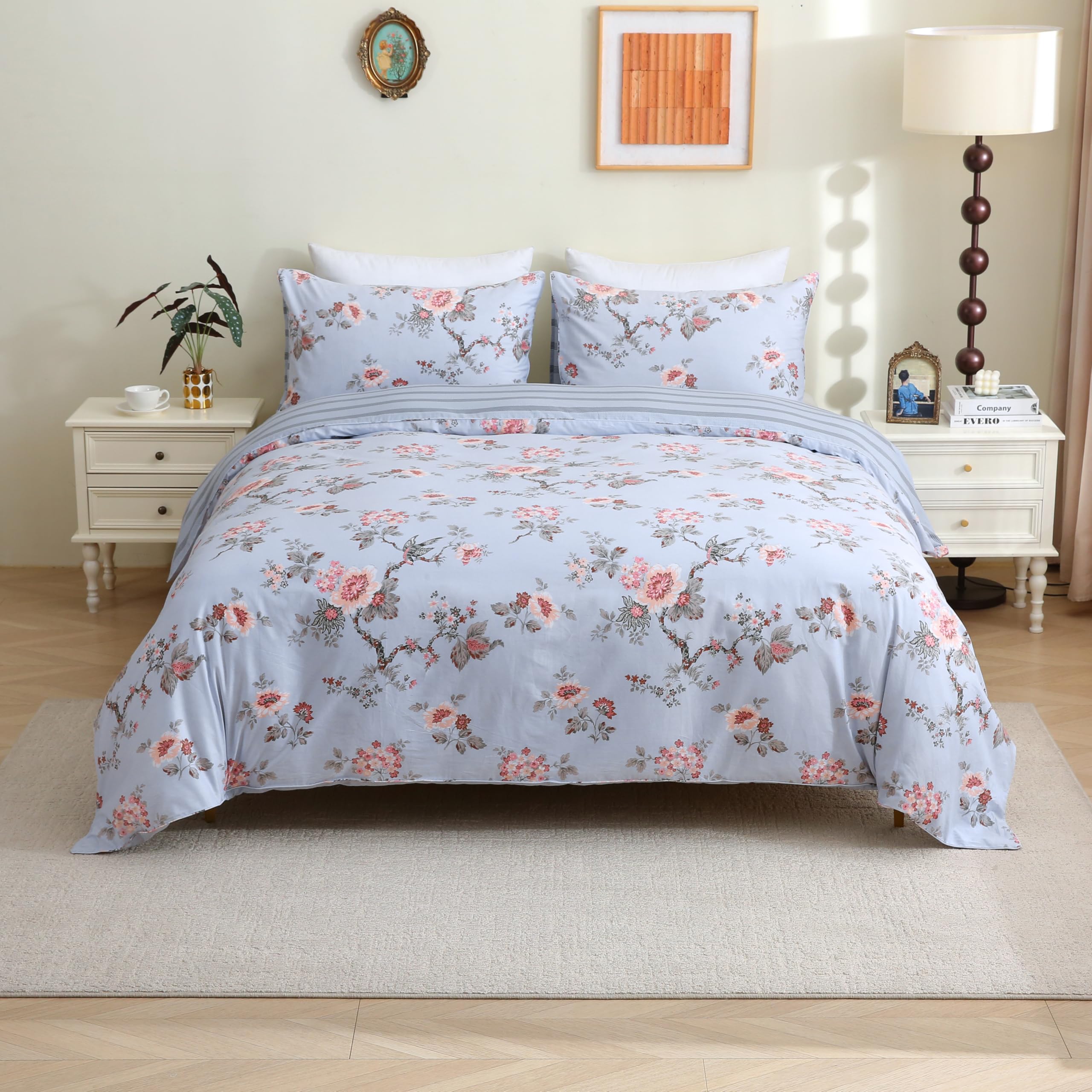 USTIDE Blue Floral Branch Bedding Set 3-Piece Super Soft Cotton Bedding Reversible Rustic Shabby Duvet Cover Set King Size