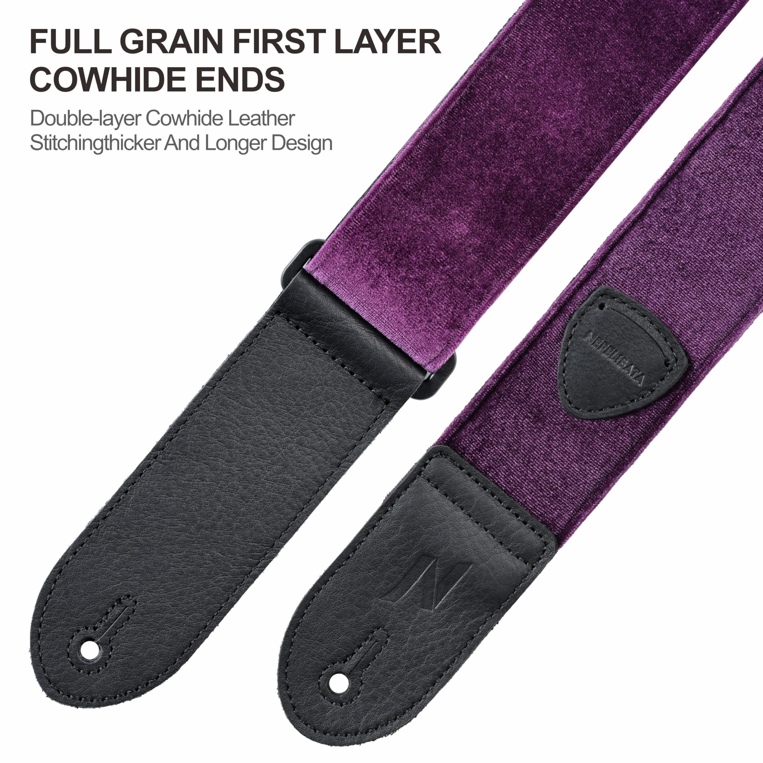Nefelibata Guitar Strap,Double Full-Grain Leather Ends,Vintage Velvet Strap/FREE BONUS-4 Picks+Locks+Strap Button,Gift For Bass,Electric&Acoustic Guitars(Vintage Charming Purple) - Image 3