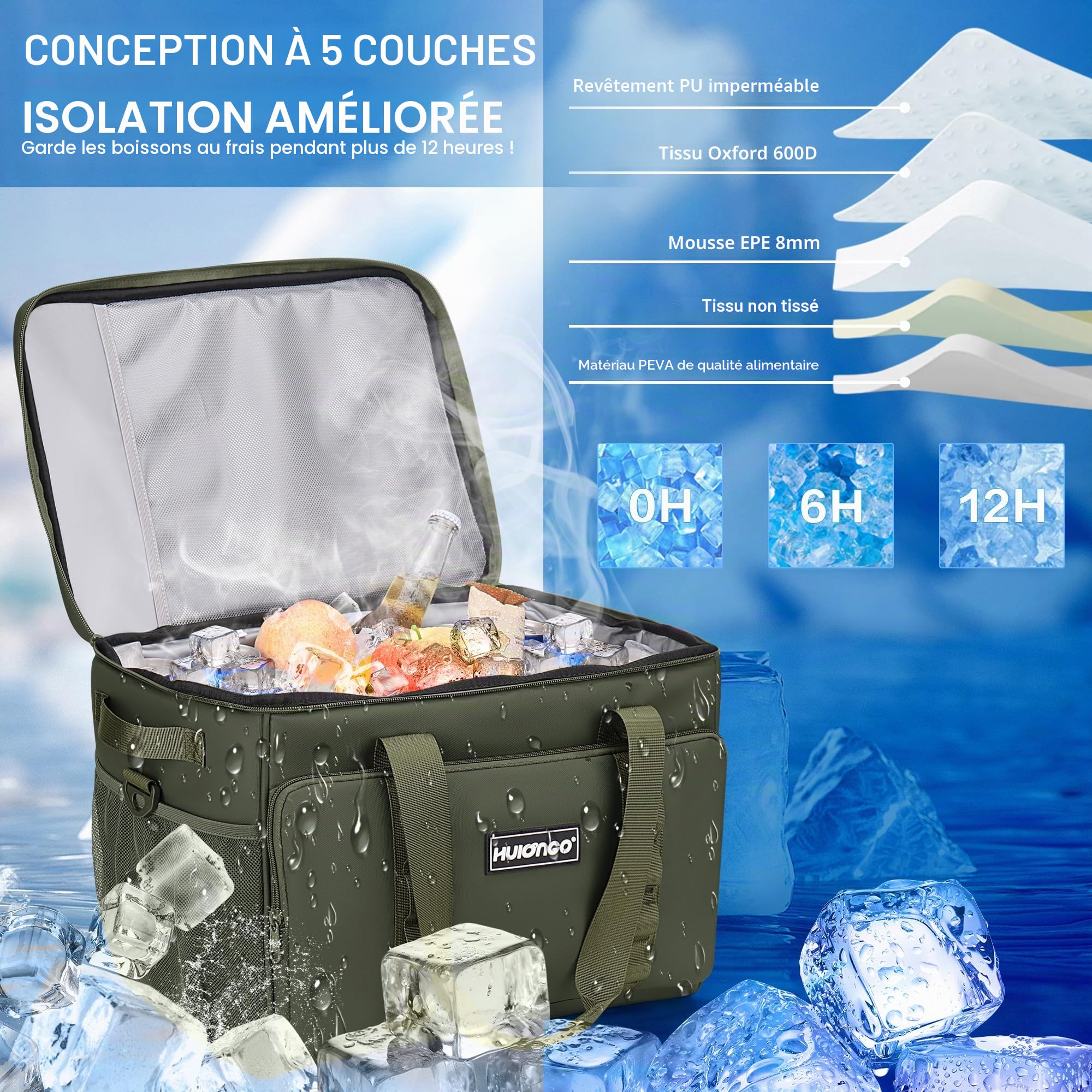 Hulongo Glaciere Grand Pliable Glacière Souple Isotherme Etanche Sac Pique Nique pour Courses, Camping, Randonnée et Voyage