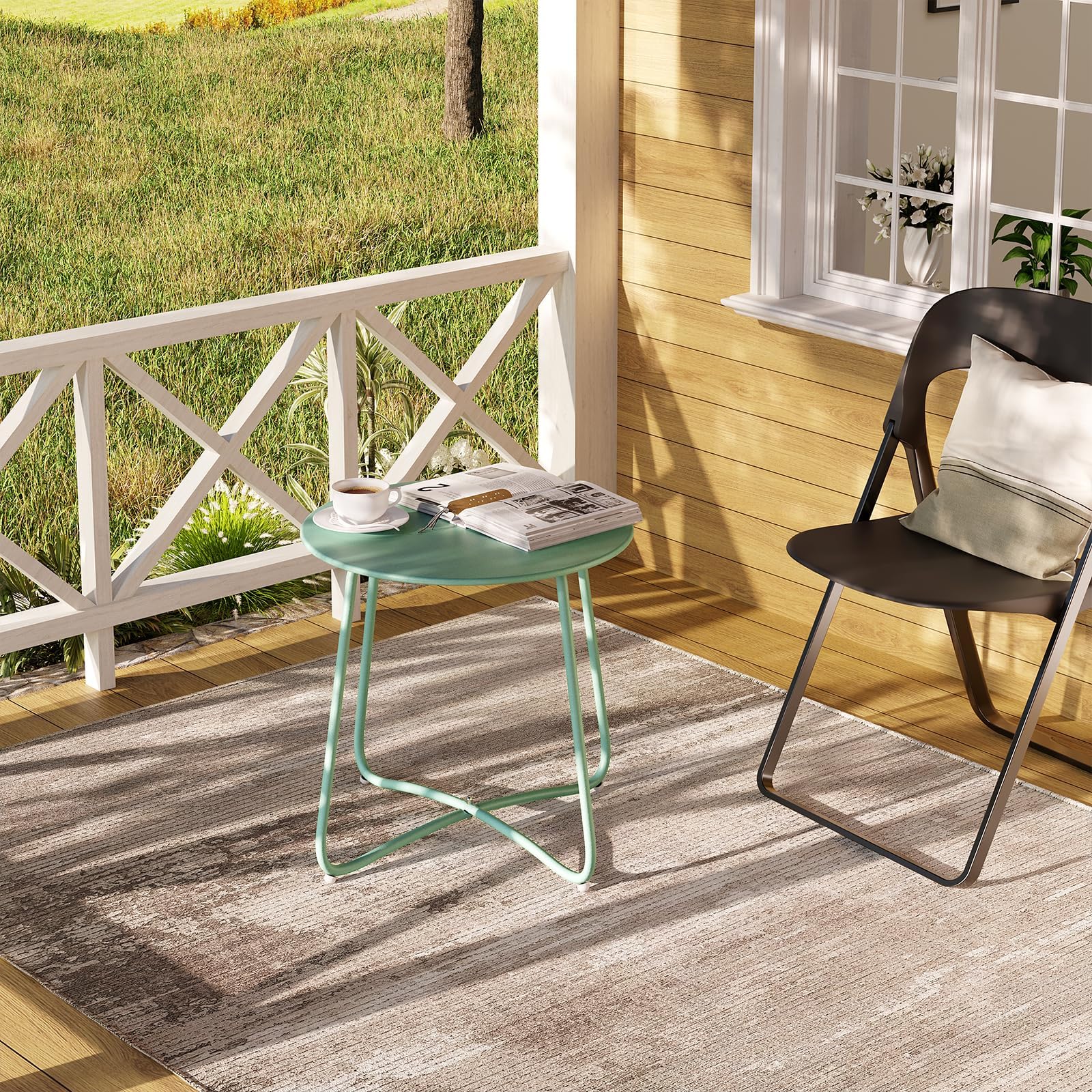 eSituro Tavolo da Giardino, Tavolino da Divano, Tavolino Salotto Rotondo, Tavolino da Balcone, per Interni ed Esterni, Terrazzo, Soggiorno, in Metallo,Verde, Ø48xH45 cm