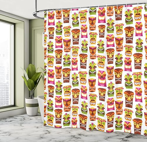 Miniatura 4 de Ambesonne Tiki Bar - Cortina de ducha, diseño retro de los años sesenta para fiesta hawaiana Happy Tiki con patrón colorido, tela de tela con