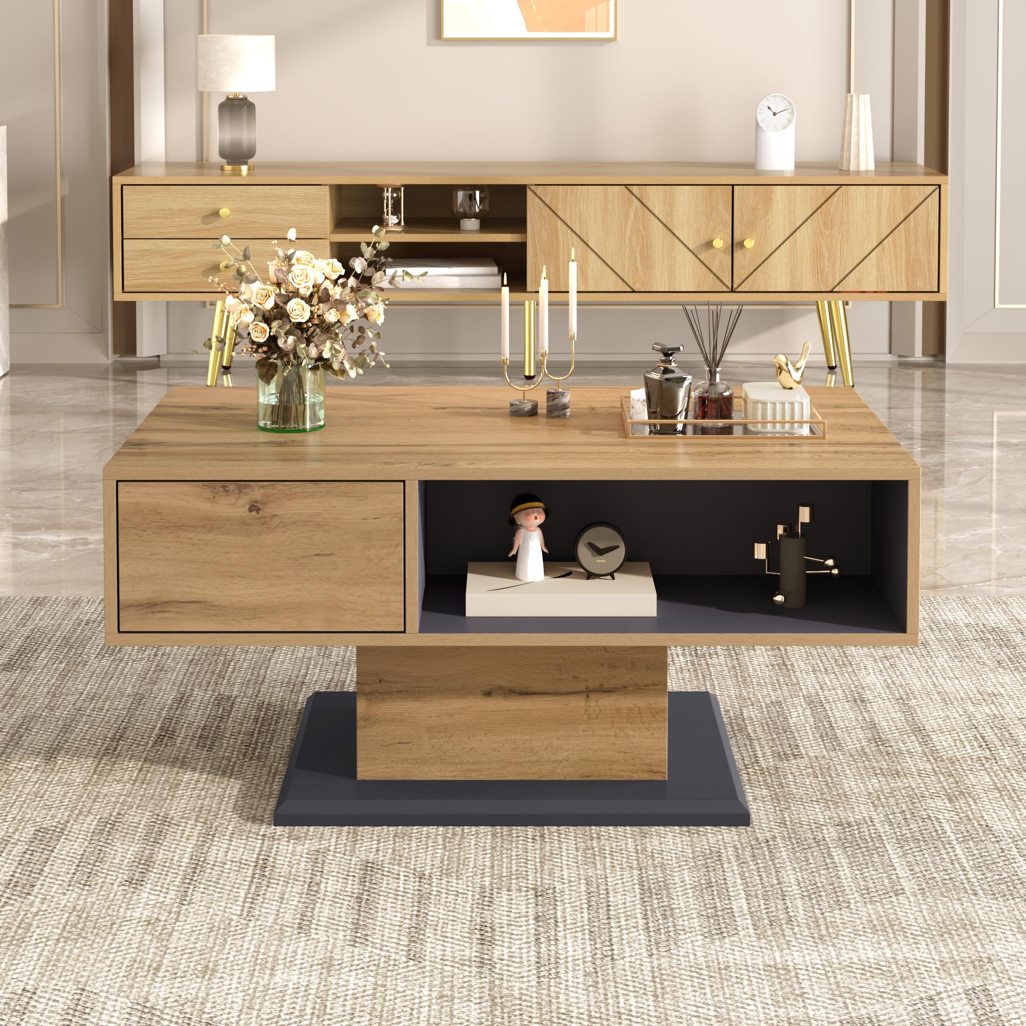 Merax Couchtisch mit doppelseitigem Stauraum 100x50x46,5 cm, Wohnzimmertisch mit großem Ablagefach, Innenfach & Holzoptik, Sofatisch minimalistisch