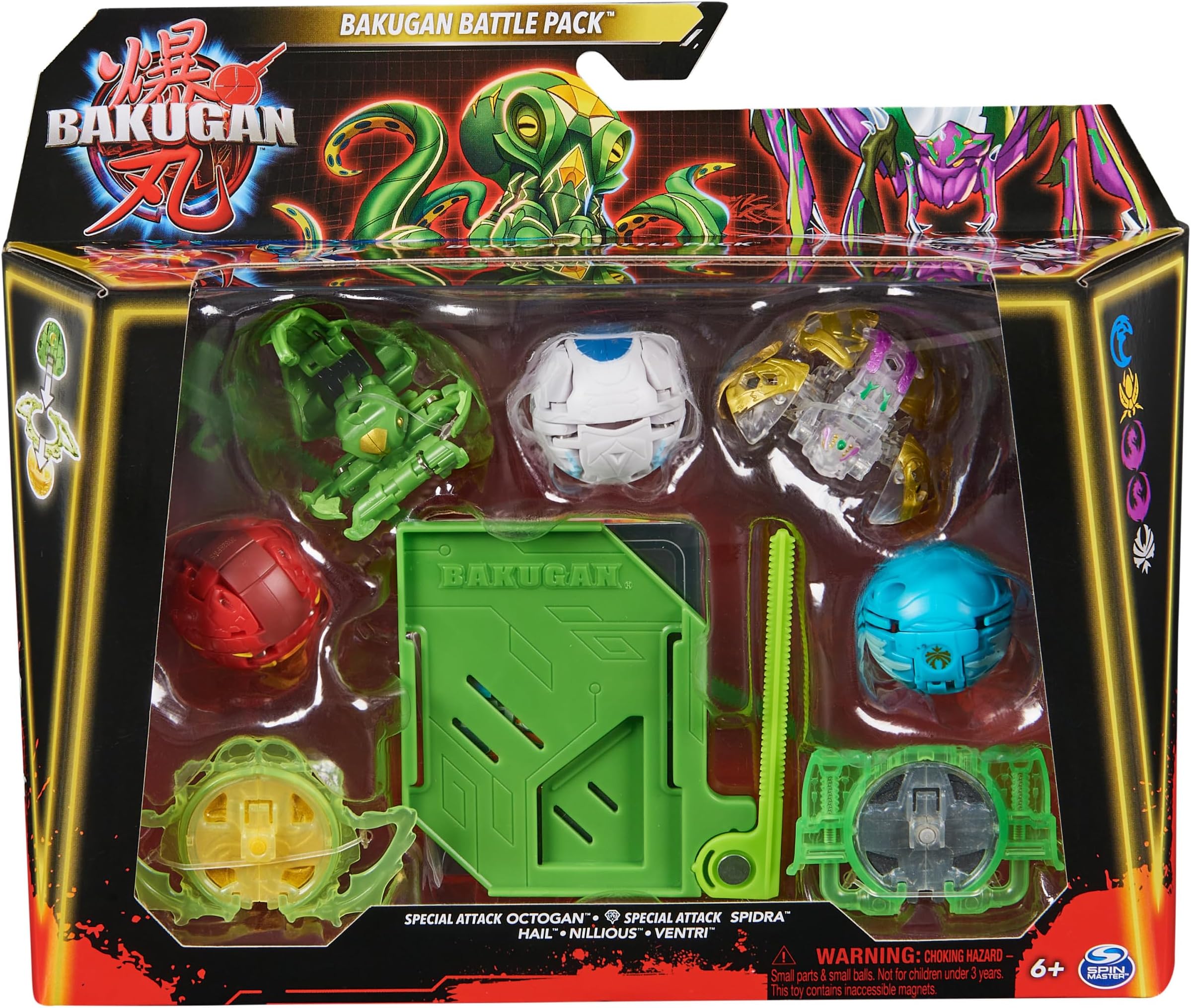 BAKUGAN Battle 5-Pack Special Attack Octogan, Spidra, Hail, Nillious, Ventri, Personalised Swirling Action Figures, Kids Toys for Boys and Girls