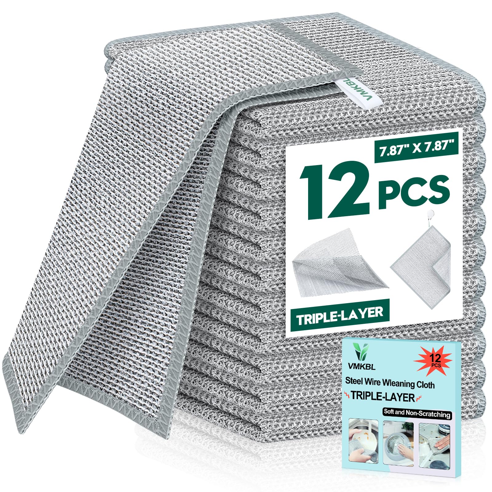 Photo 1 of **2 PACKAGES**VMKBL 12 Pcs New Upgraded 3 Layers Non Scratch Wire Dishcloth, Multipurpose Wire Dishwashing Rags, Wet & Dry for Cookware, Sinks, Dishes, Stoves & Fireplaces (7.87 x 7.87-12pcs)