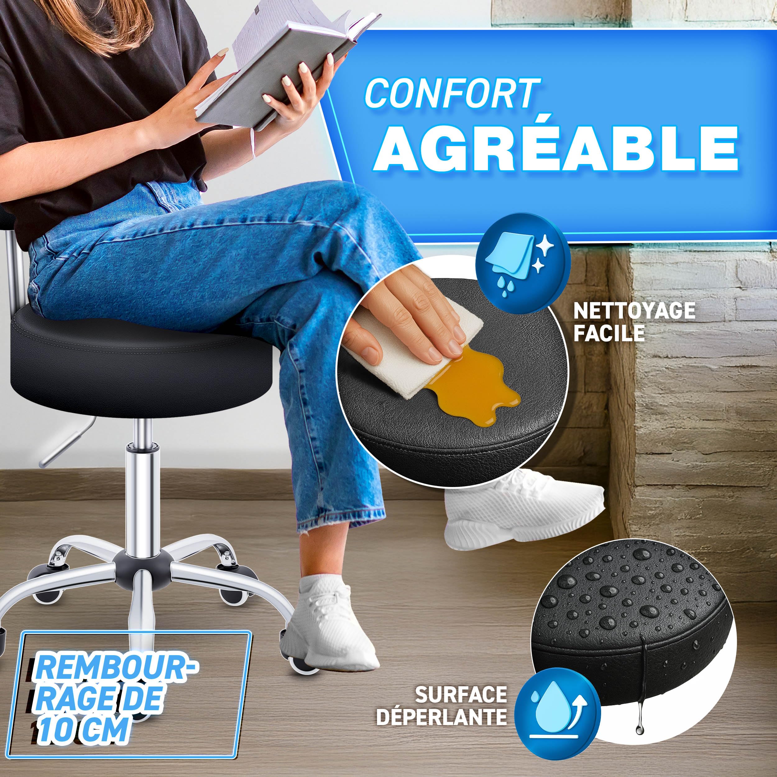 TRESKO® Tabouret à roulettes avec dossier noir - Hauteur réglable de 46 à 58 cm - Tabouret pivotant avec roulettes - Chaise de bureau pivotante - Tabouret cosmétique