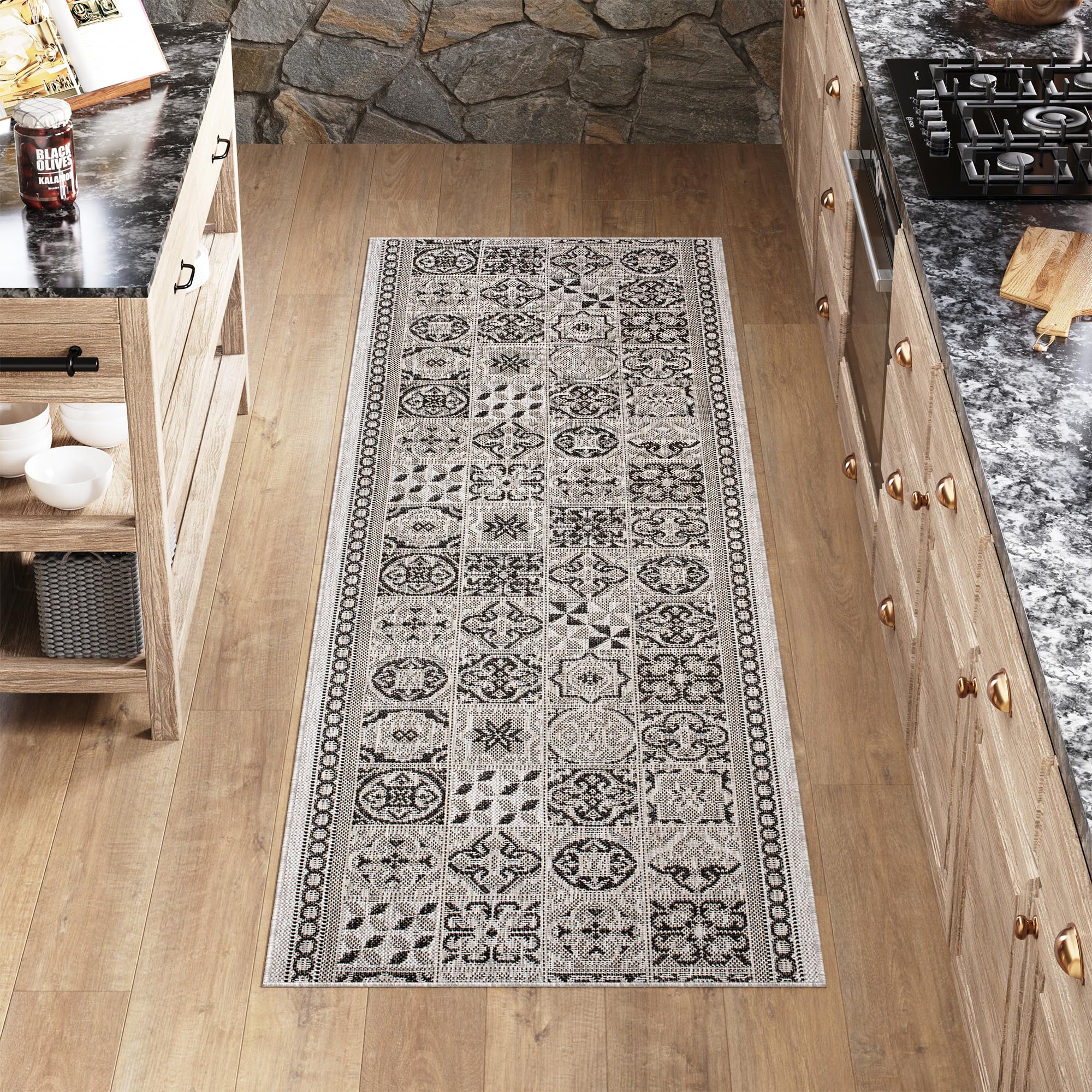 TAPISO Melissa dywan, sizalowy, płasko tkany, jasnoszary, czarny, figurki, koła, paski, paski, do kuchni, korytarza, korytarza, jadalni, Öko-Tex 80 x 230 cm