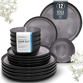 Ibiza Stoneware Crockery Set for 4 People, 12 Pieces, Test Winner, Dreamlike Mediterranean Stoneware Crockery Set, Bowl and Plate Set, Dinner Service for 4 People, Pure Living Crockery Sets in Grey