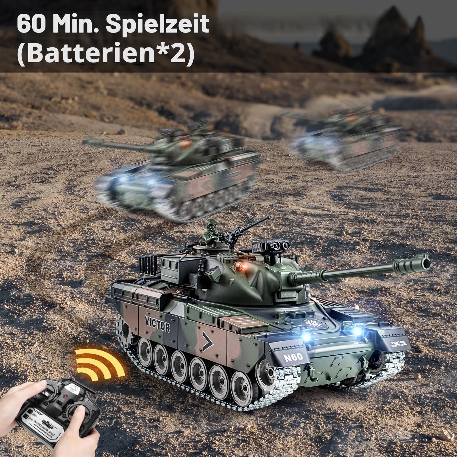 1:18 RC Panzer US M60, 2,4 GHz Ferngesteuert Panzer, Militär Modell mit BB Schussfunktion, RC Armee Spielzeug, Modellpanzer für Kinder ab 6 Jahren und Erwachsene mit realistischer Rückstoßfunktion