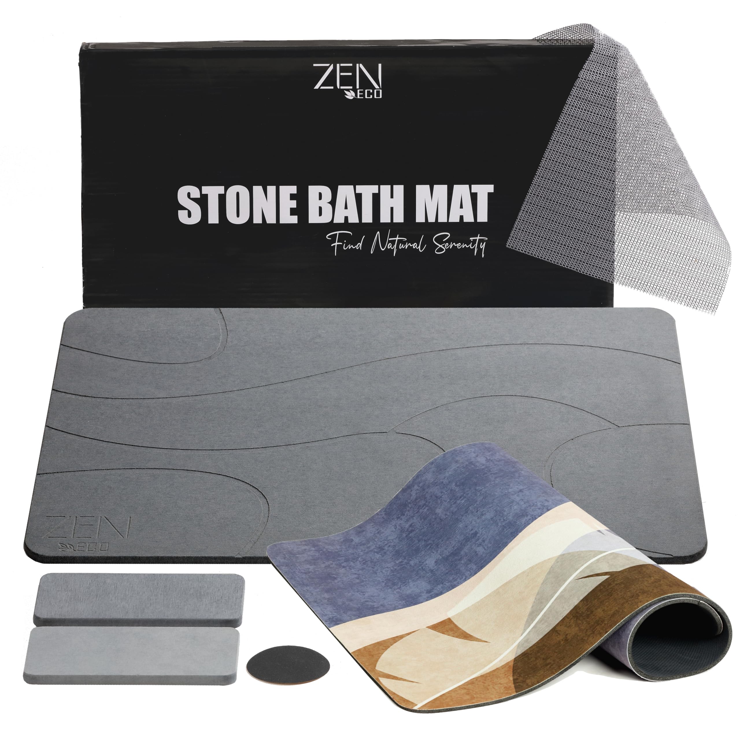 4Pcs Stone Bath Mat - No Smell Quick Dry Diatomaceous Earth Bath Mat - Super Absorbent Diatomite Stone BathMat Non-Slip, Easy to Clean 1xStone &1xFoldable Mat, 2xStone Dishes 23.5×15.5"