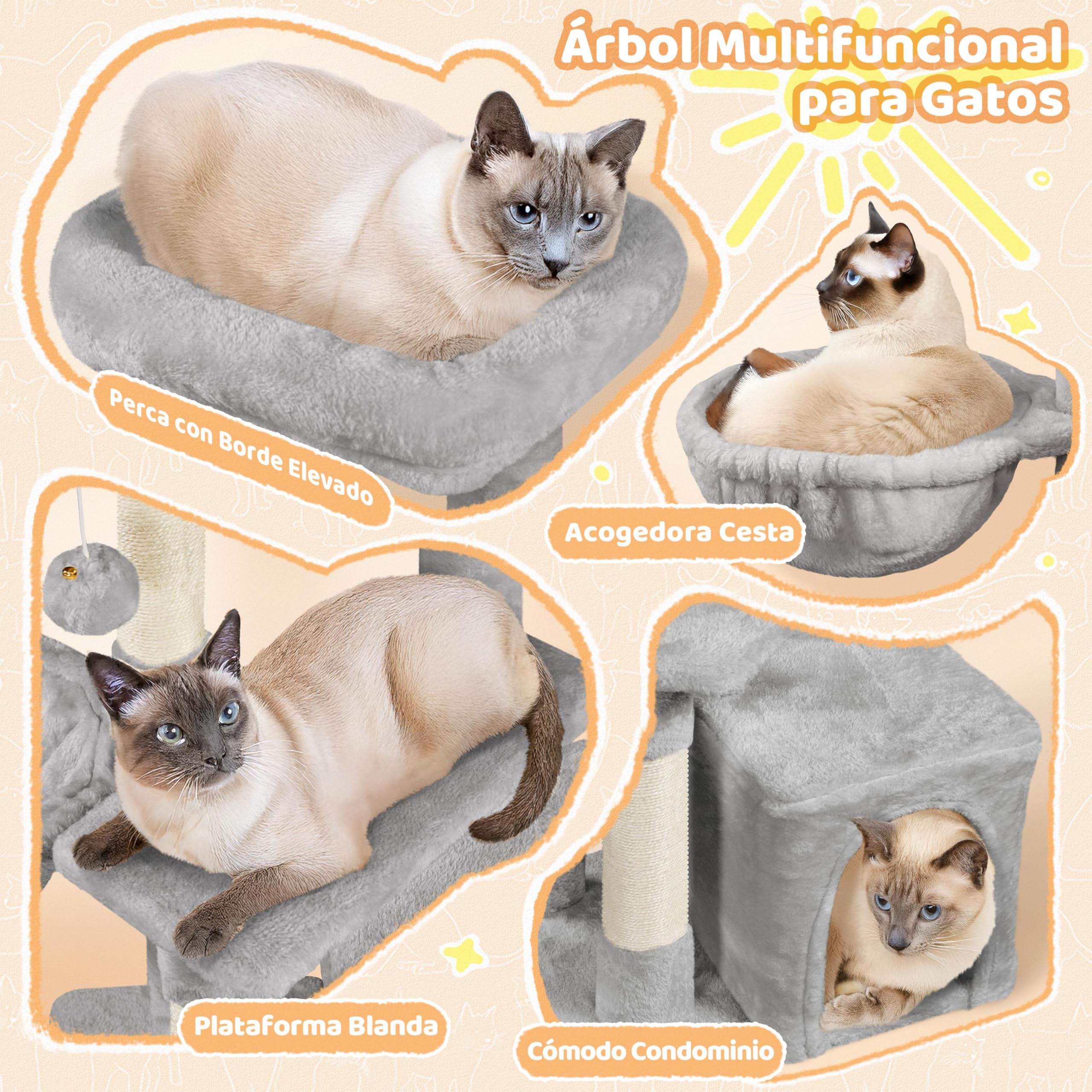Yaheetech Árbol Rascador para Gatos con Poste Cesta Cuerda de Agarre 50x34.5x87 cm Castillo Torre para Gatos Gris Claro