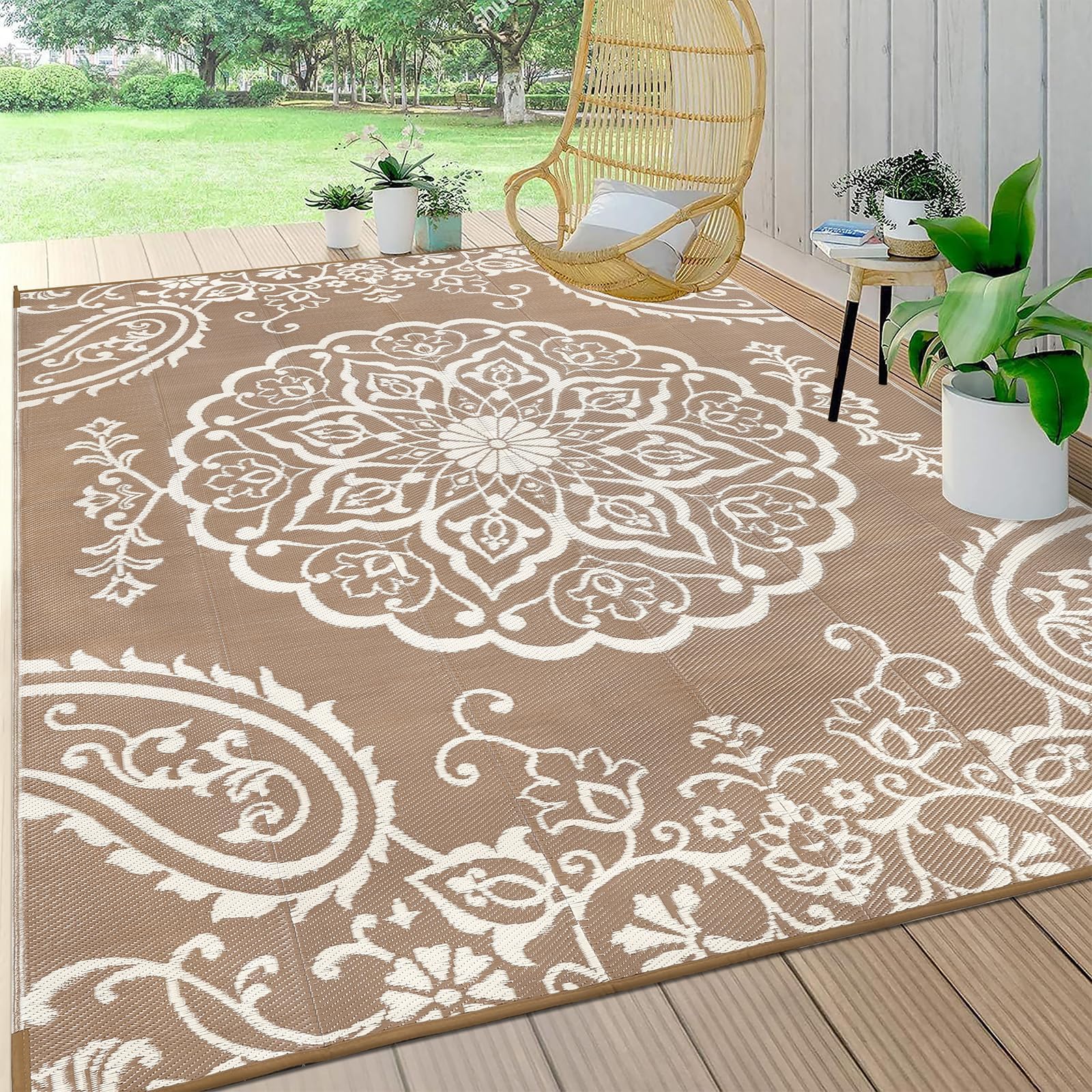 Pauwer Waterproof Outdoor Rug 10x14, Reversible Plastic Straw Patio Camping Rug, Indoor Outdoor RV Mat Carpet for Deck, Camper, Porch, Balcony, Backyard, Picnic, Boho Brown