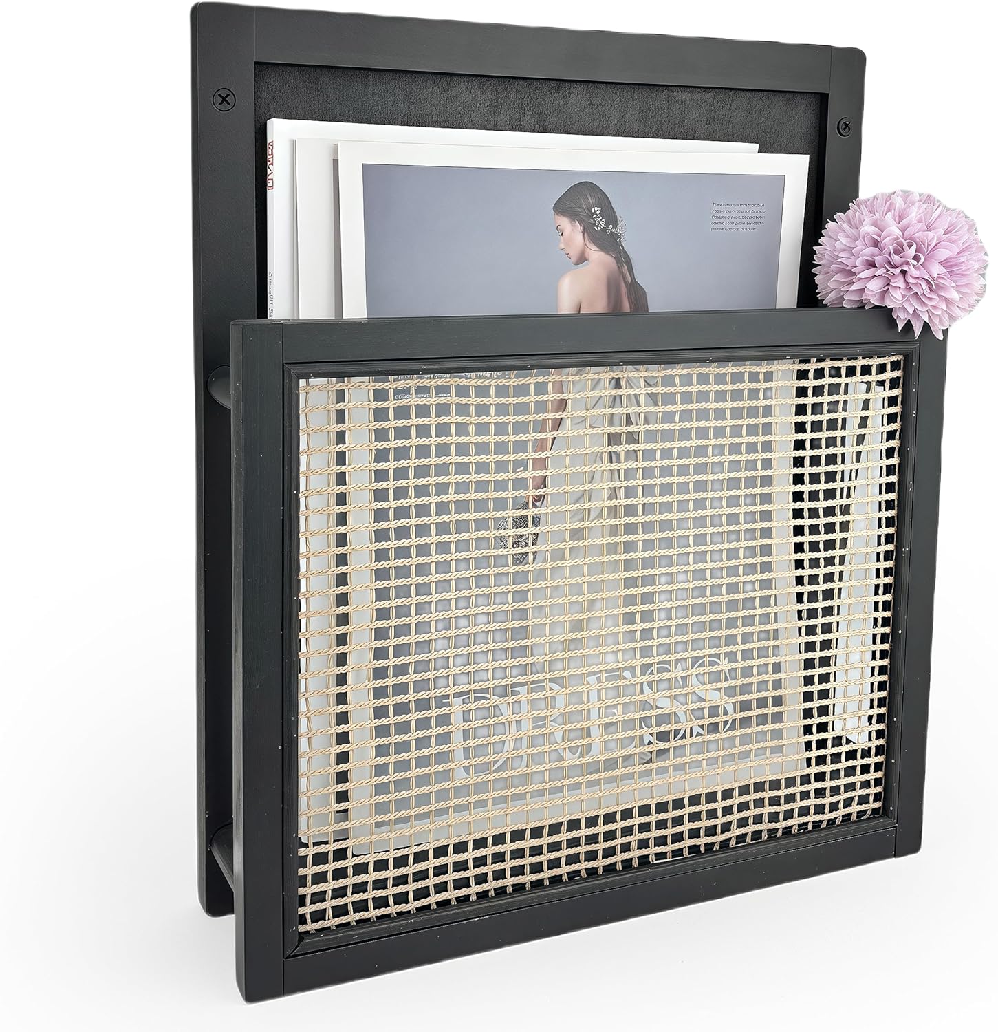 Wooden Wall Magazine Holder, Boho Style File Organizer,Wall Mounted Magazine Rack, File Holder For Entryway Living Room Kids’ room and Office, Hanging Mail Organizer (Black)