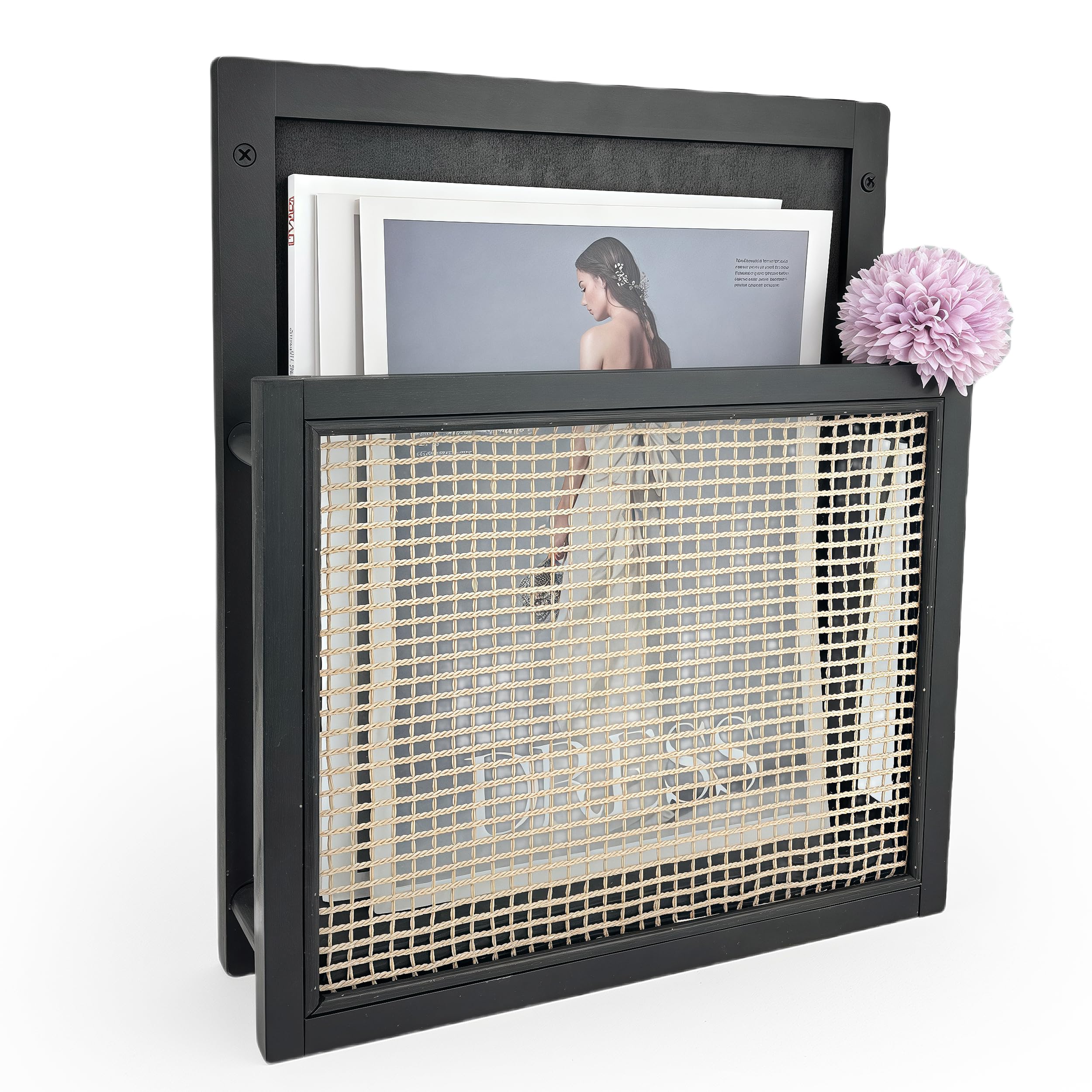 Pubgeer Wooden Wall Magazine Holder, Boho Style File Organizer,Wall Mounted Magazine Rack, File Holder For Entryway Living Room Kids’ room and Office, Hanging Mail Organizer (Black)