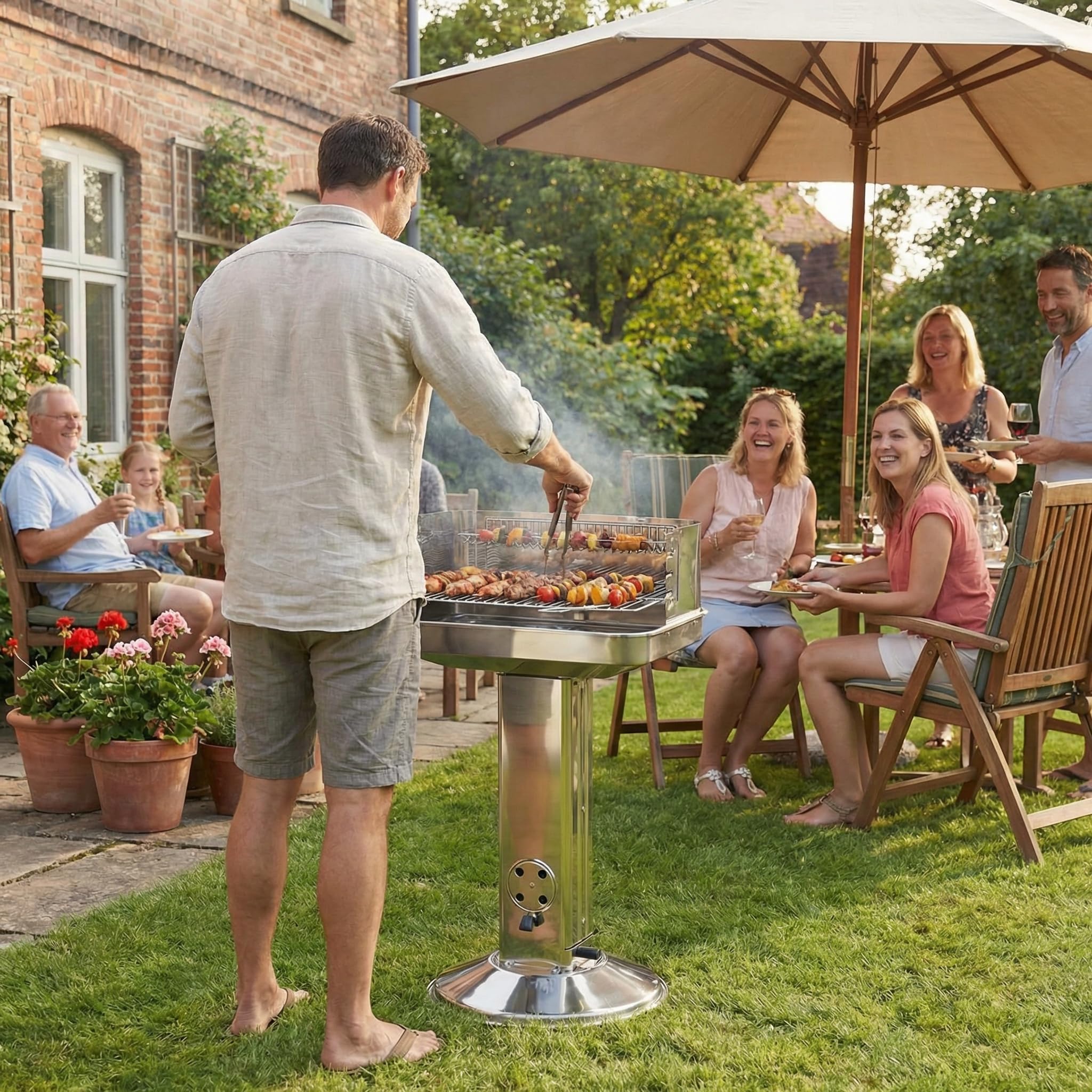 TLGREEN Barbecue a colonna in acciaio inox 57 * 38 * 90 cm, Altezza regolabile in 5 posizioni, Barbecue da esterno con Cassetto cenere, ventilazione e griglia cromata, Outdoor, BBQ, Spiagge, Giardino