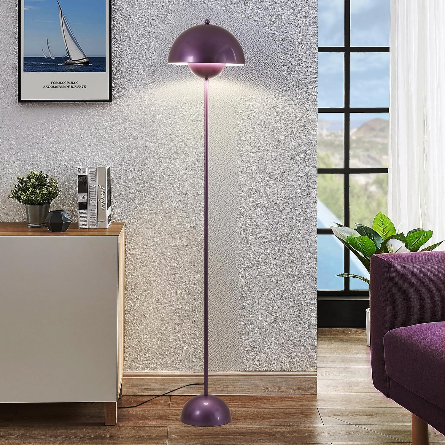 SUNLLOK Flower Pot Floor Lamp for Living Room, Metal Dome Lampshade Standing Floor Lamp with Foot Switch, Modern Reading Floor Light Fixture for Kitchen Island, Bedroom, Restaurant (Purple)