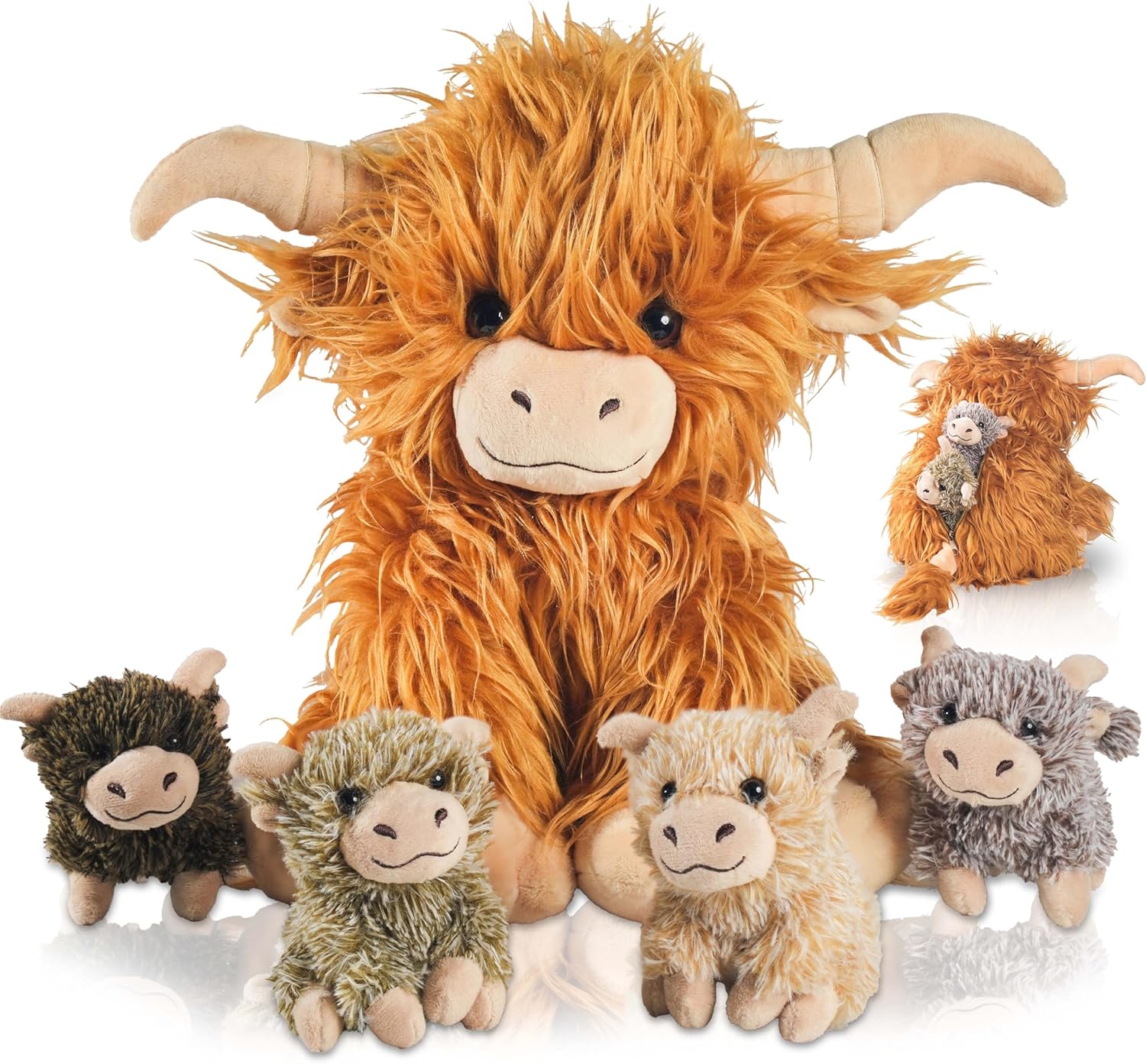 5 Pcs Highland Cow Stuffed Animal, 14" Fluffy Stuffed Highland Cow Plush Toys with Babies Inside Mommy Scottish Highland Cows with 4 Baby Calves for Kids Christmas Birthday Surprise Gift
