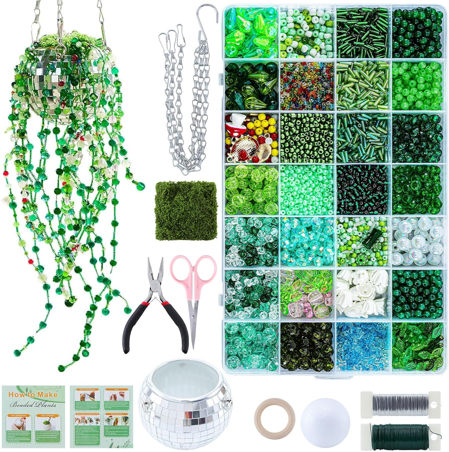 Green Glass Beads Plant Kit Forever Plant Beaded Flower Leaf Beads for Succulent Plant with Plant Pot Jewelry Making and DIY Crafts