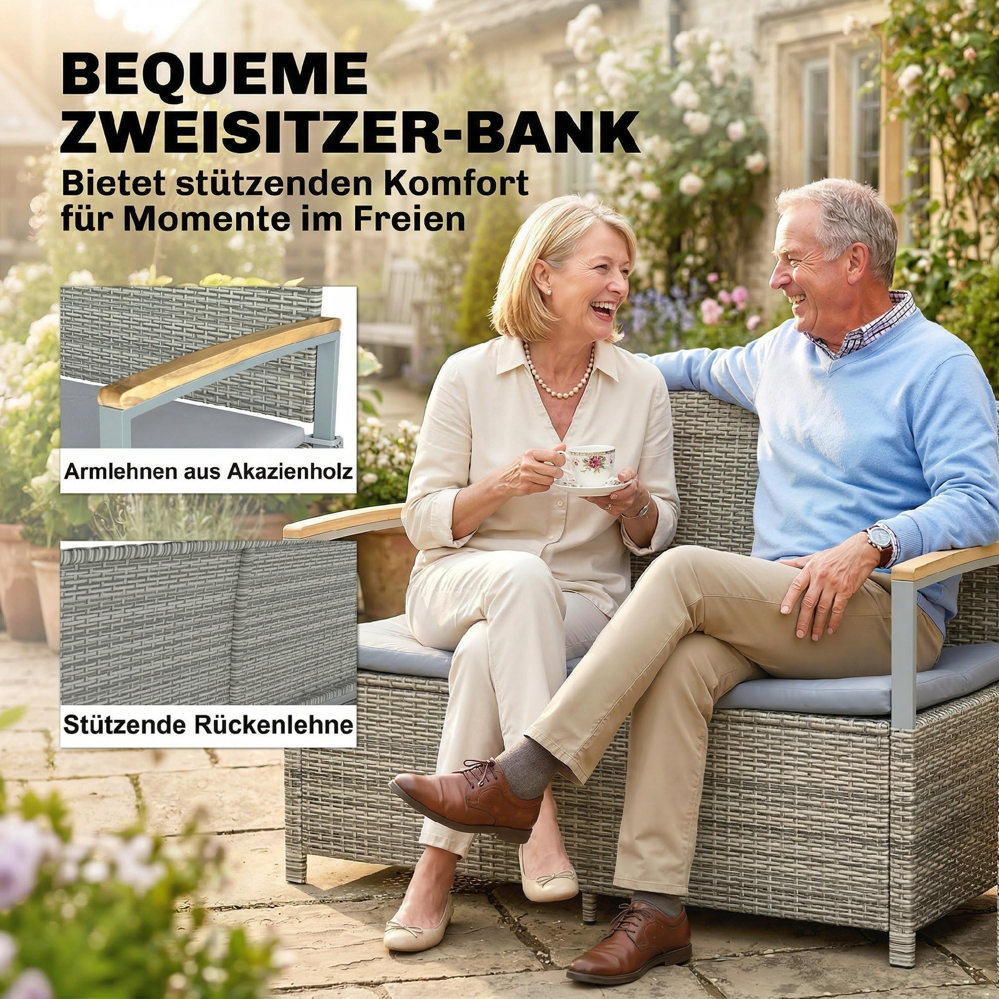 Outsunny Gartenbank Polyrattan 170L 2-Sitzer Sitzbank mit Stauraum abnehmbar Kissen Reißverschluss-Innenauskleidung Akazienholz-Armlehnen, Wetterfest Truhenbank für Werkzeuge Sitzkissen Hellgrau
